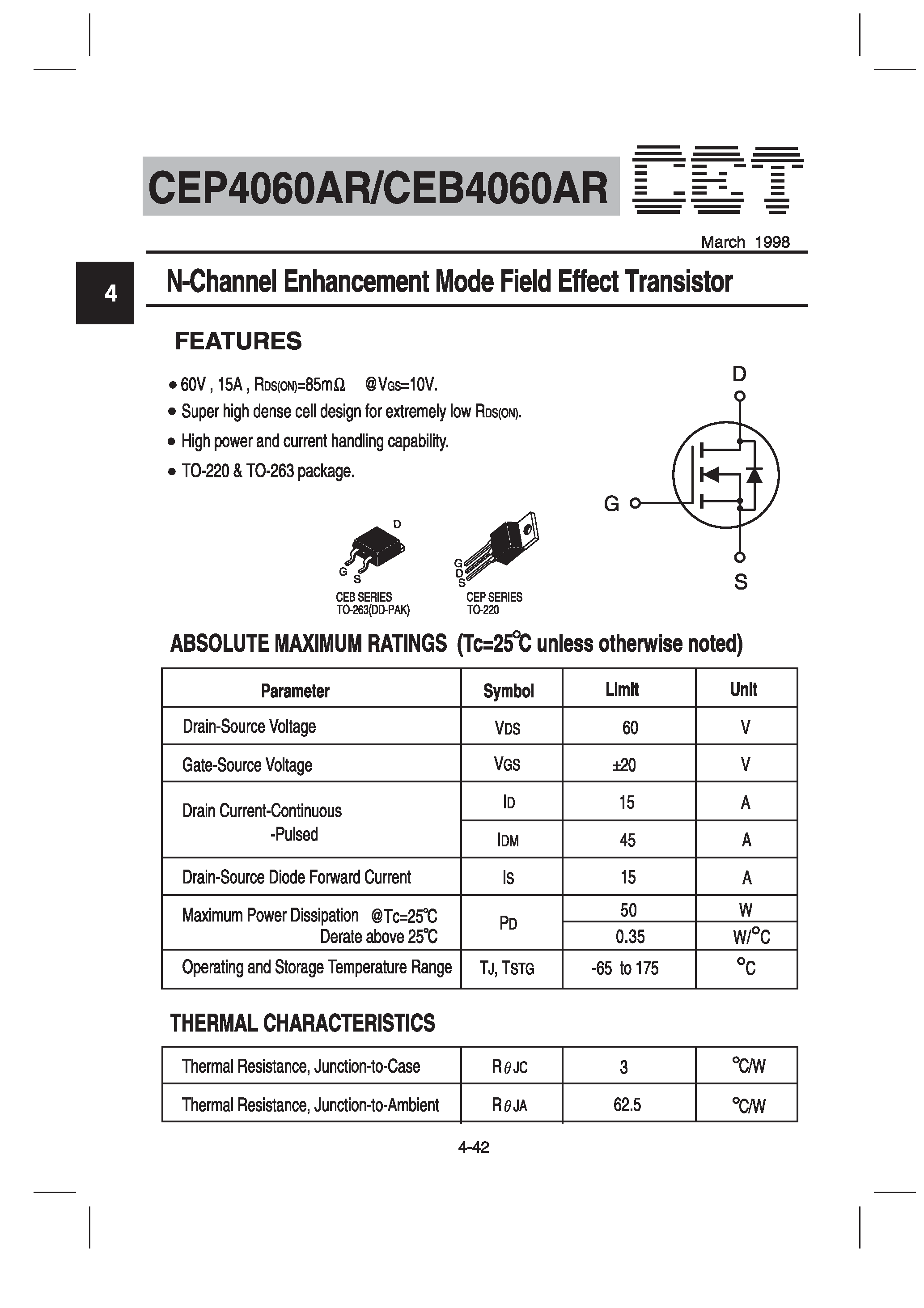 Datasheet CEP4060AR - N-Channel Enhancement Mode Field Effect Transistor page 1