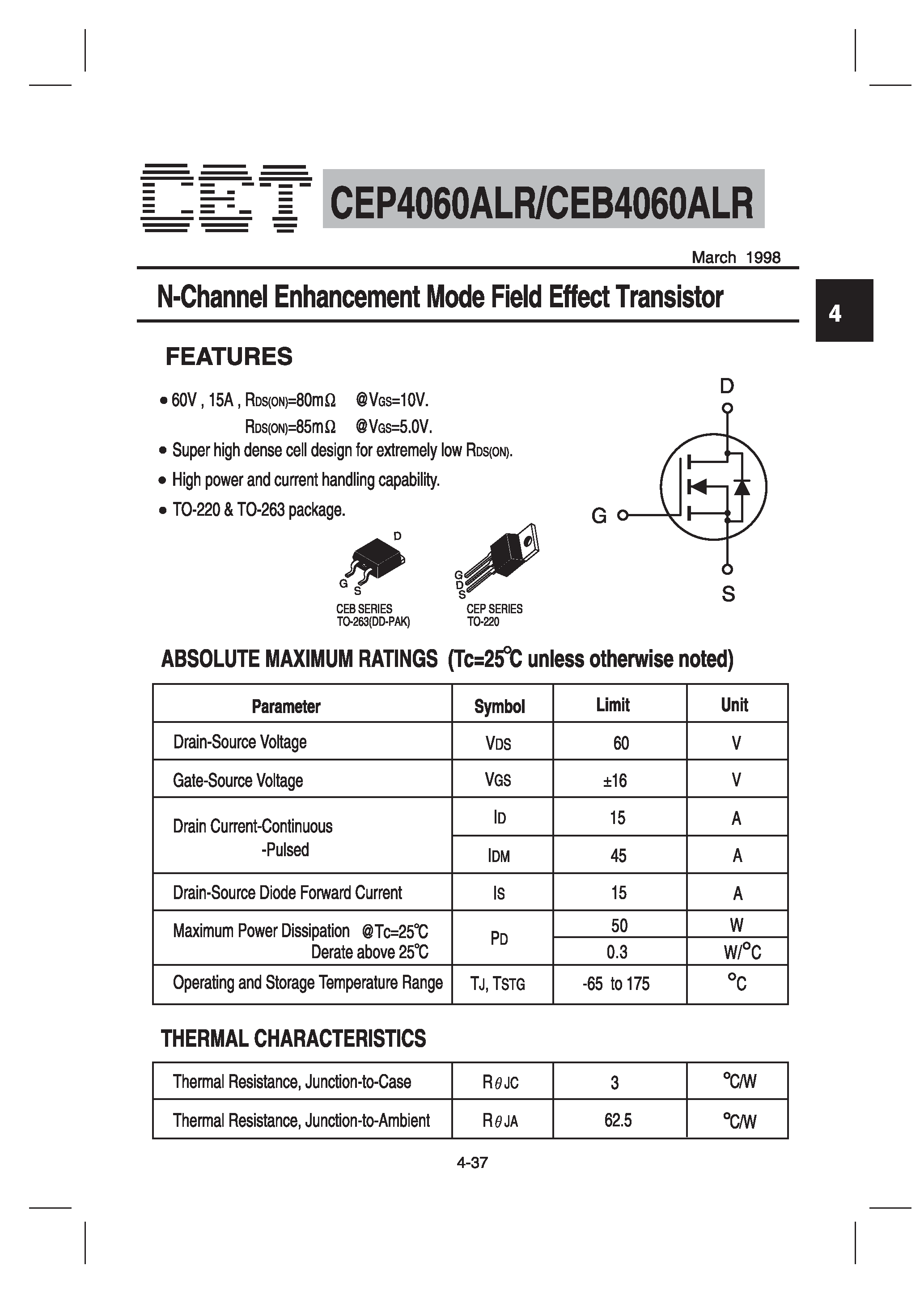 Datasheet CEP4069ALR - N-Channel Enhancement Mode Field Effect Transistor page 1