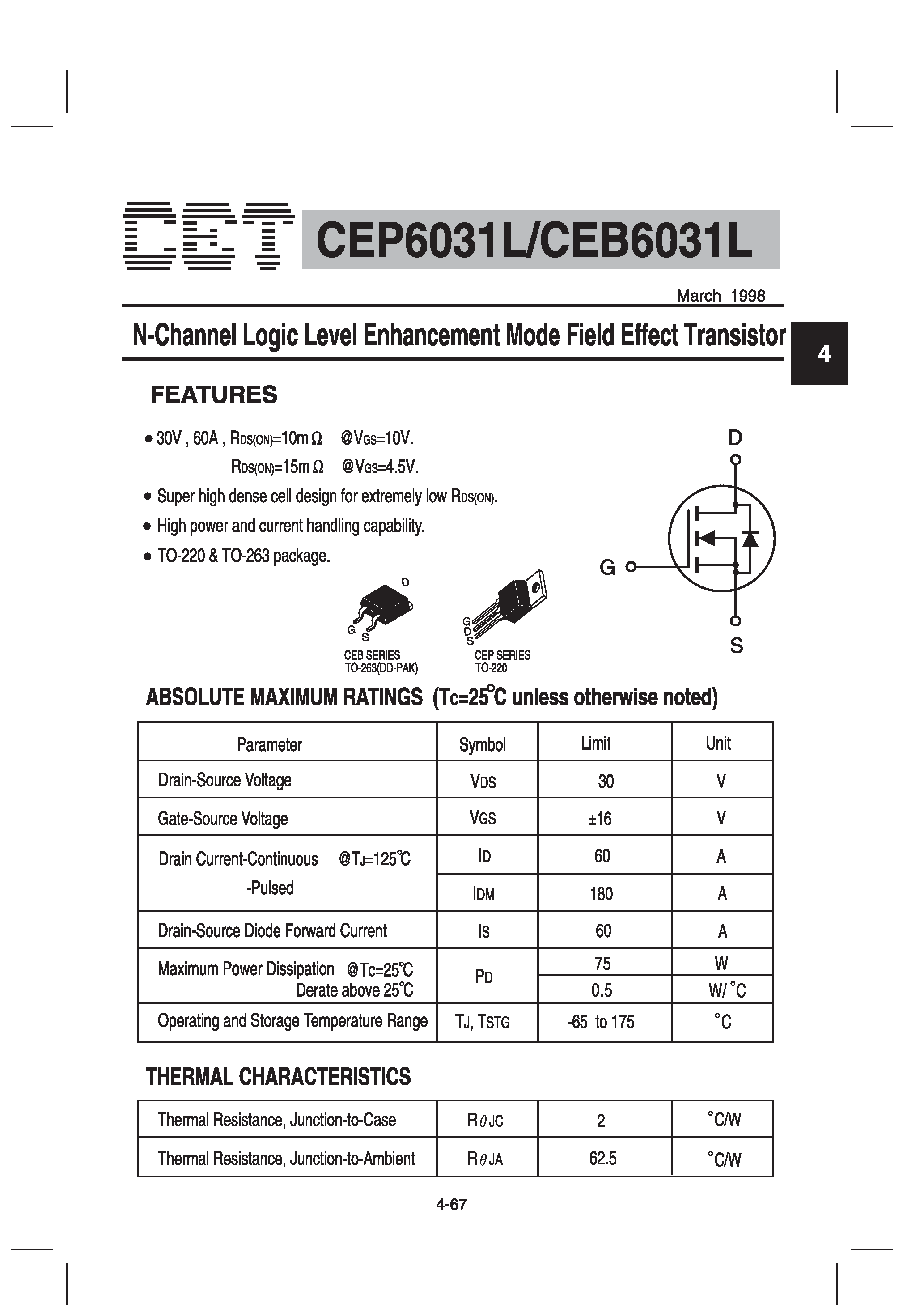 Datasheet CEP6031L - N-Channel Logic Level Enhancement Mode Field Effect Transistor page 1