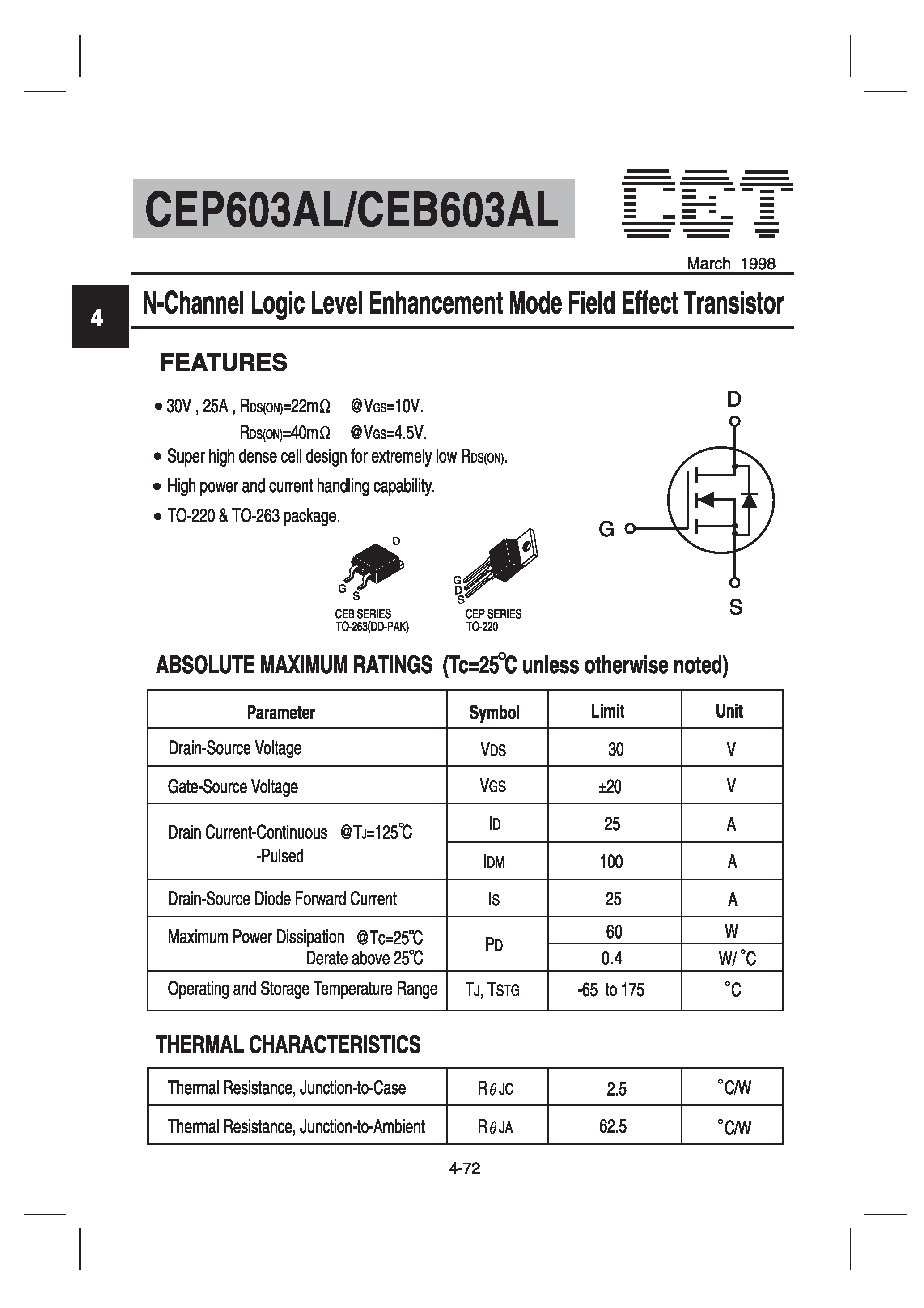 Datasheet CEP603AL - N-Channel Logic Level Enhancement Mode Field Effect Transistor page 1