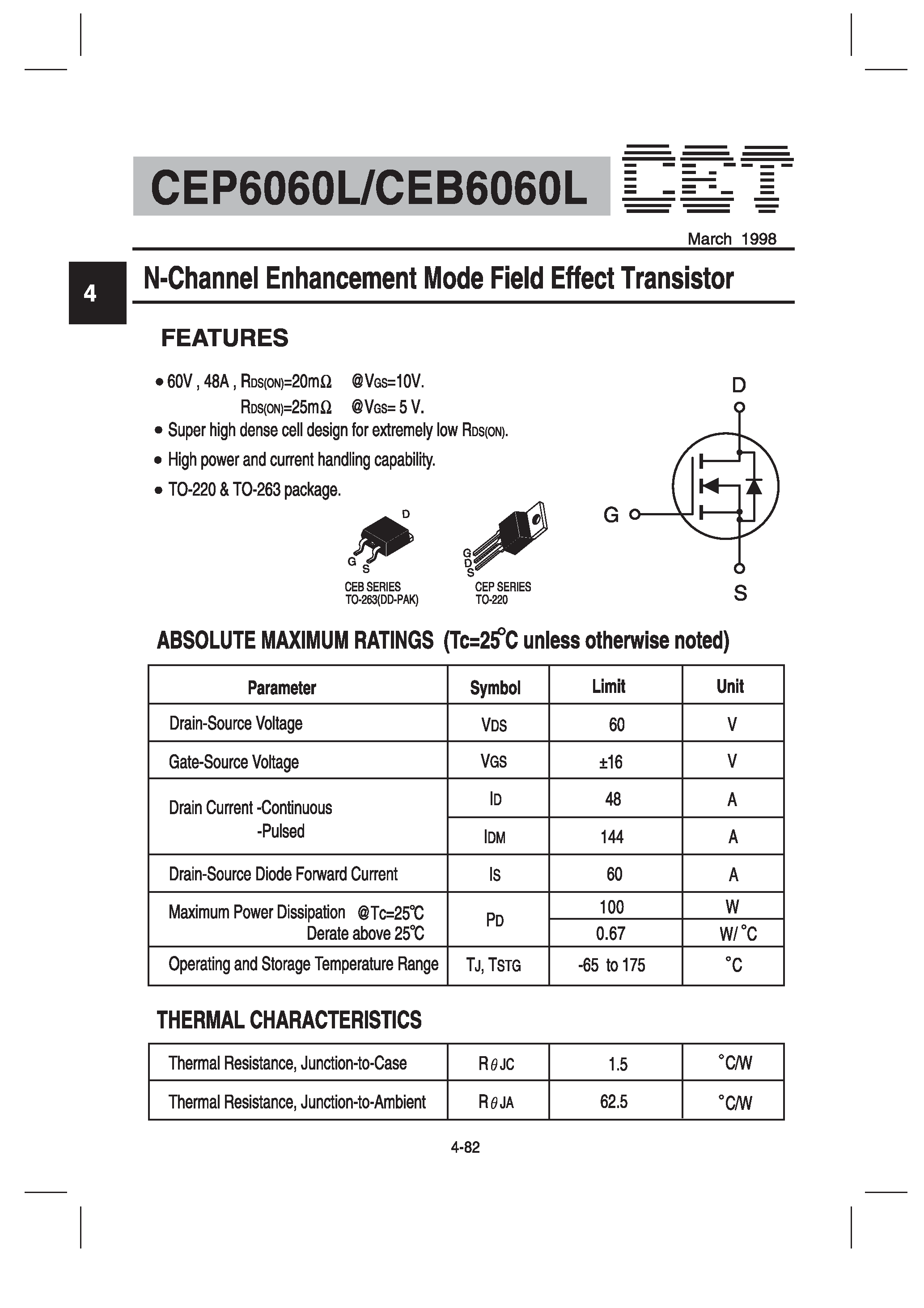 Datasheet CEP6060L - N-Channel Enhancement Mode Field Effect Transistor page 1