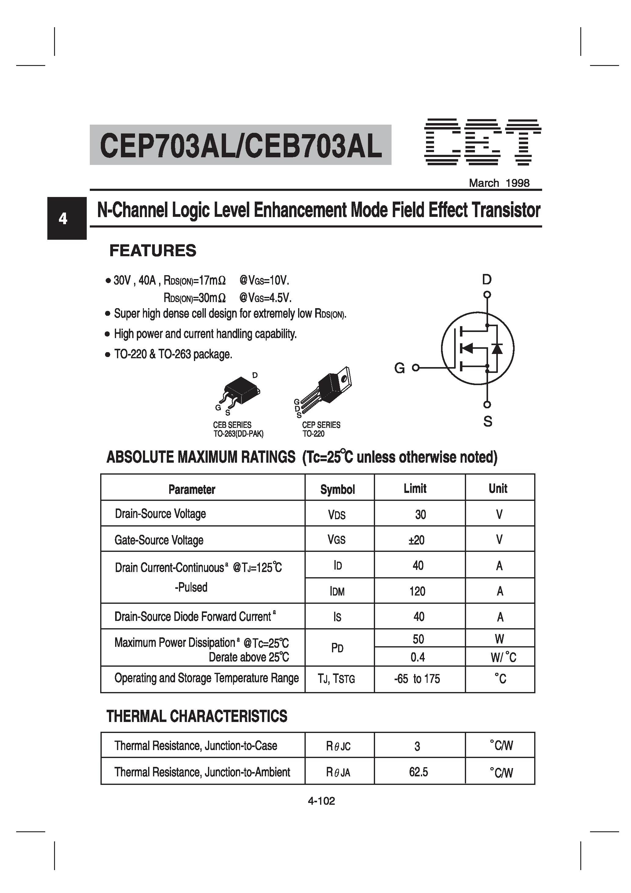 Даташит на микросхему CEP703AL страница 1 Даташит CEP703AL - N-Channel Logic Level Enhancement Mode Field Effect Transistor страница 1
