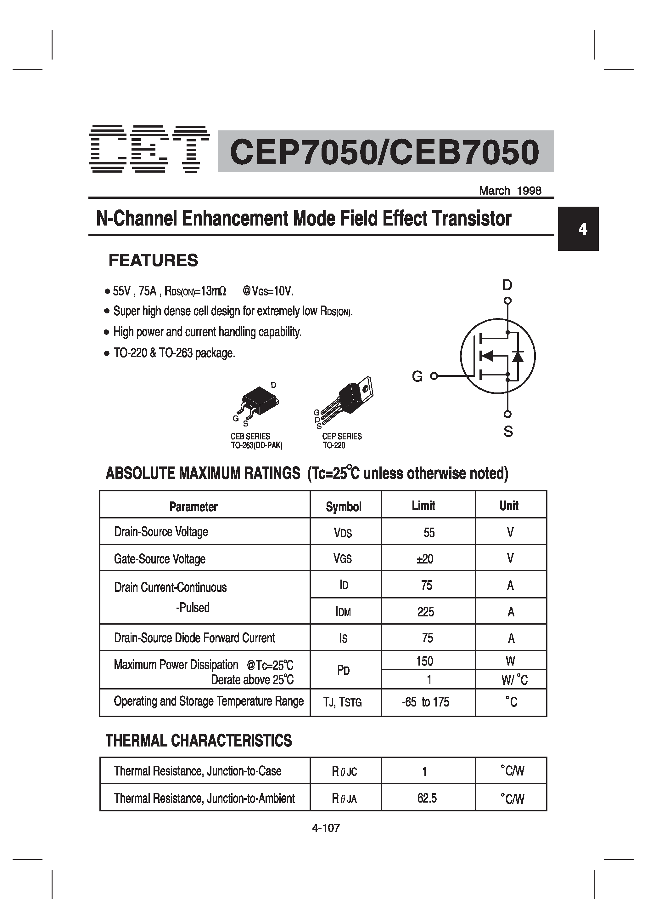 Datasheet CEP7050 - N-Channel Enhancement Mode Field Effect Transistor page 1