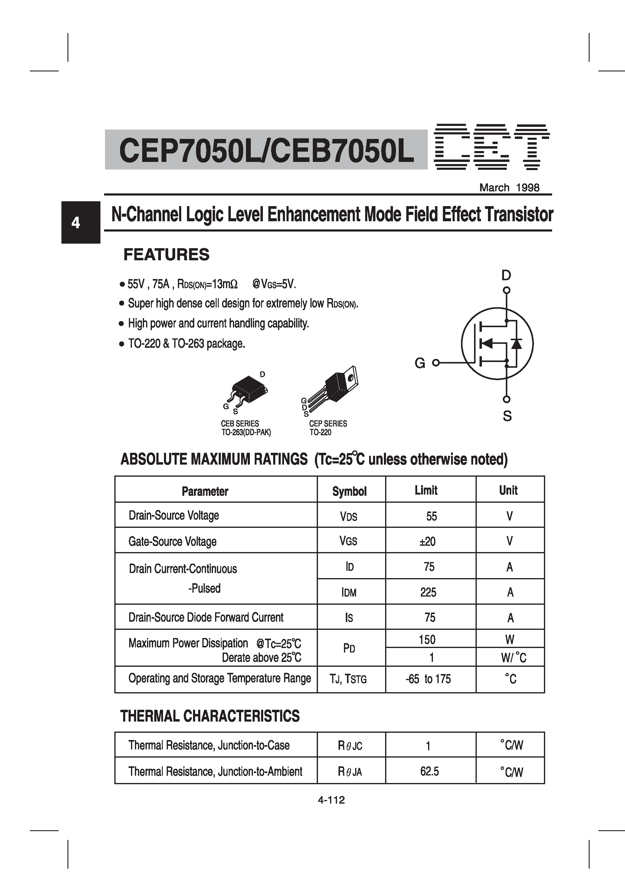 Datasheet CEP7050L - N-Channel Logic Level Enhancement Mode Field Effect Transistor page 1
