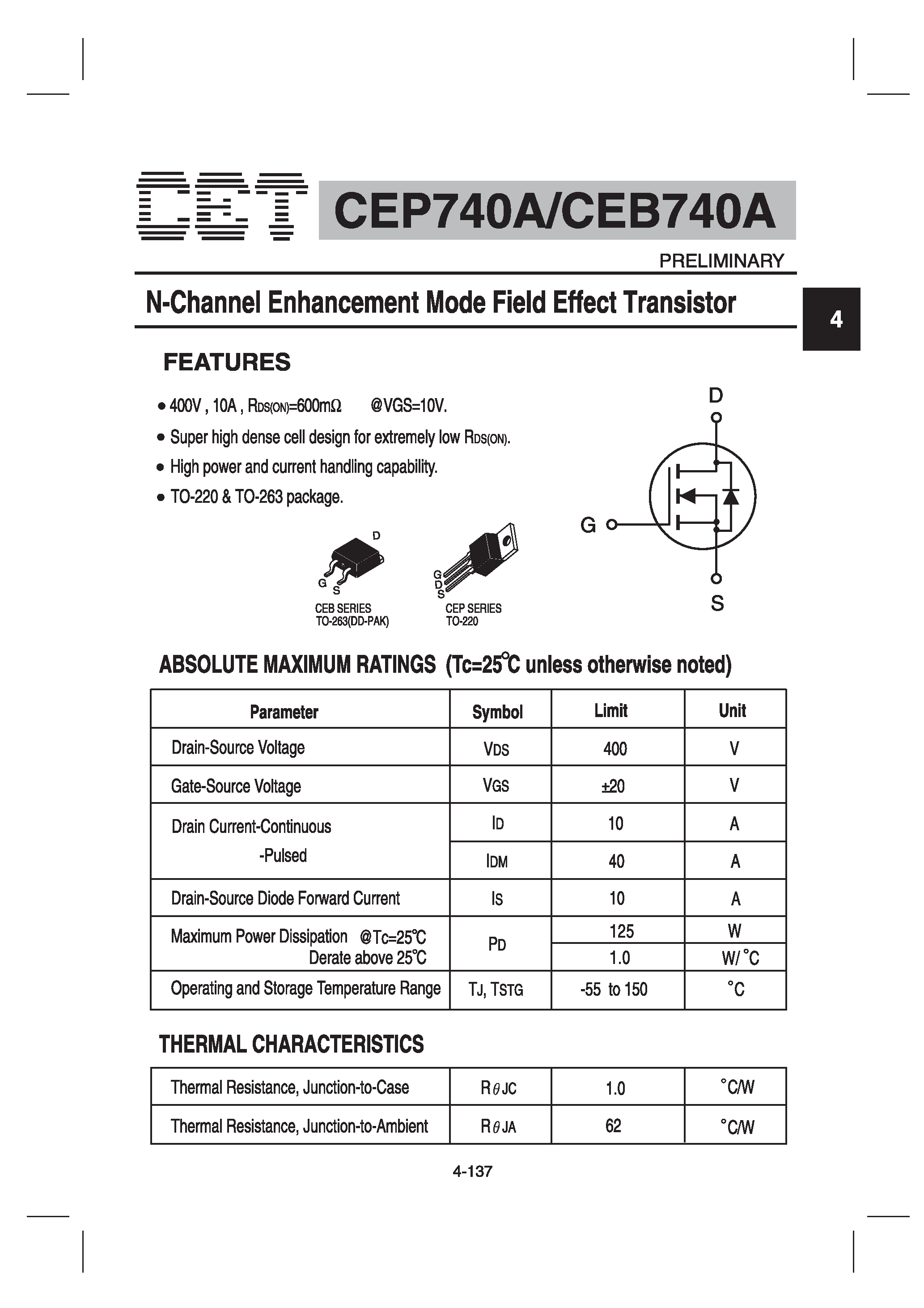 Datasheet CEP740A - N-Channel Enhancement Mode Field Effect Transistor page 1