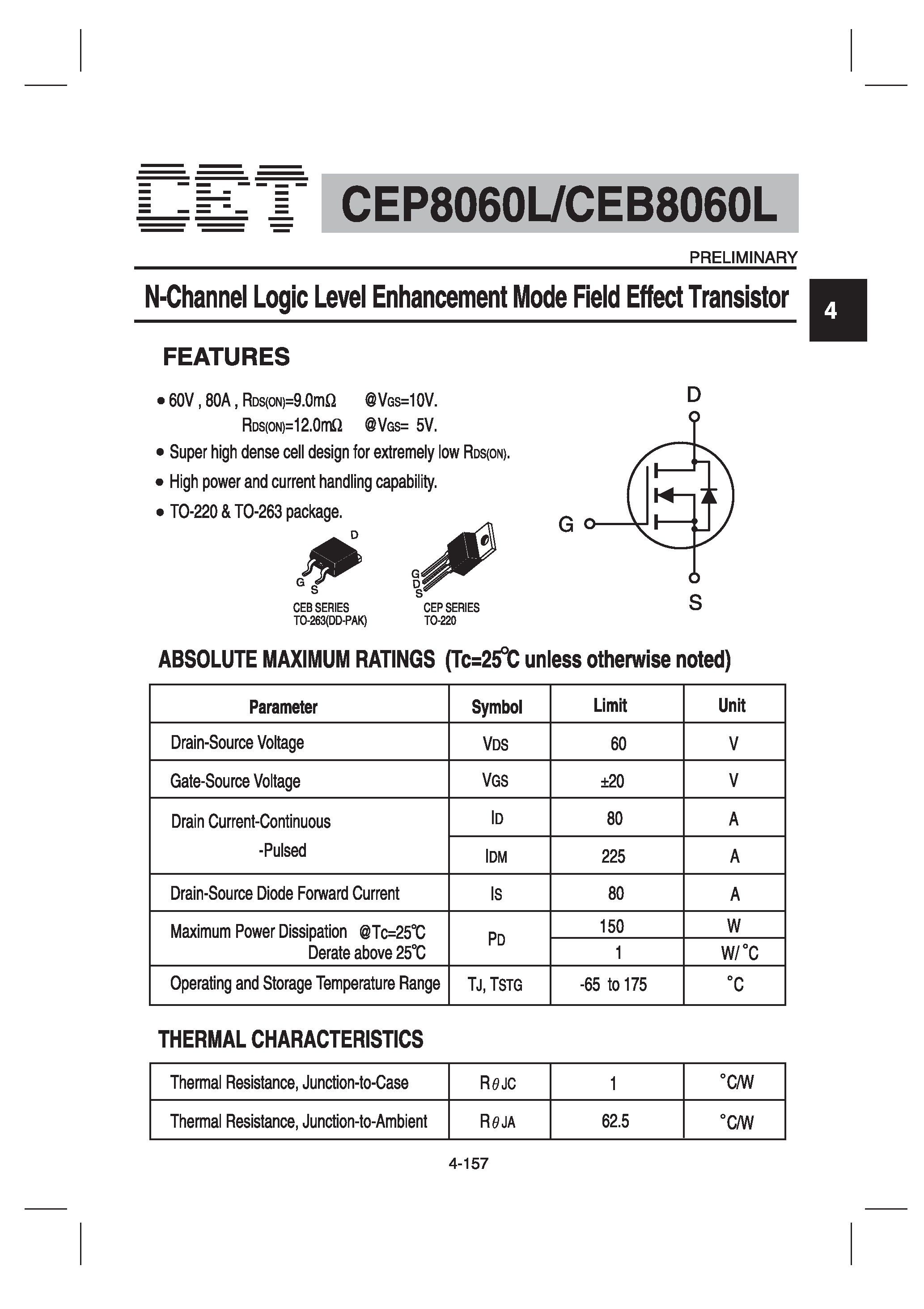 Datasheet CEP8060L - N-Channel Logic Level Enhancement Mode Field Effect Transistor page 1
