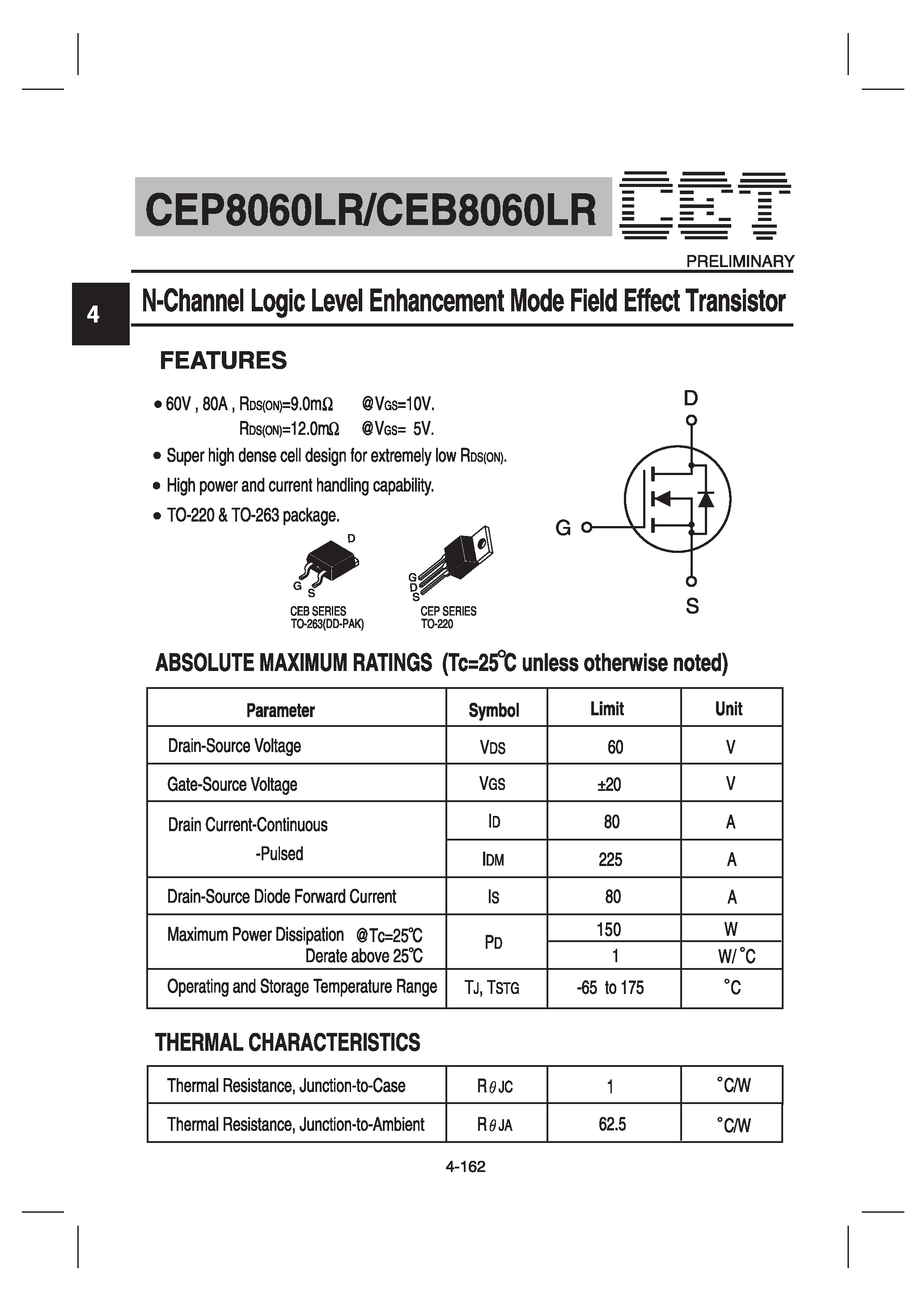 Datasheet CEP8060LR - N-Channel Logic Level Enhancement Mode Field Effect Transistor page 1