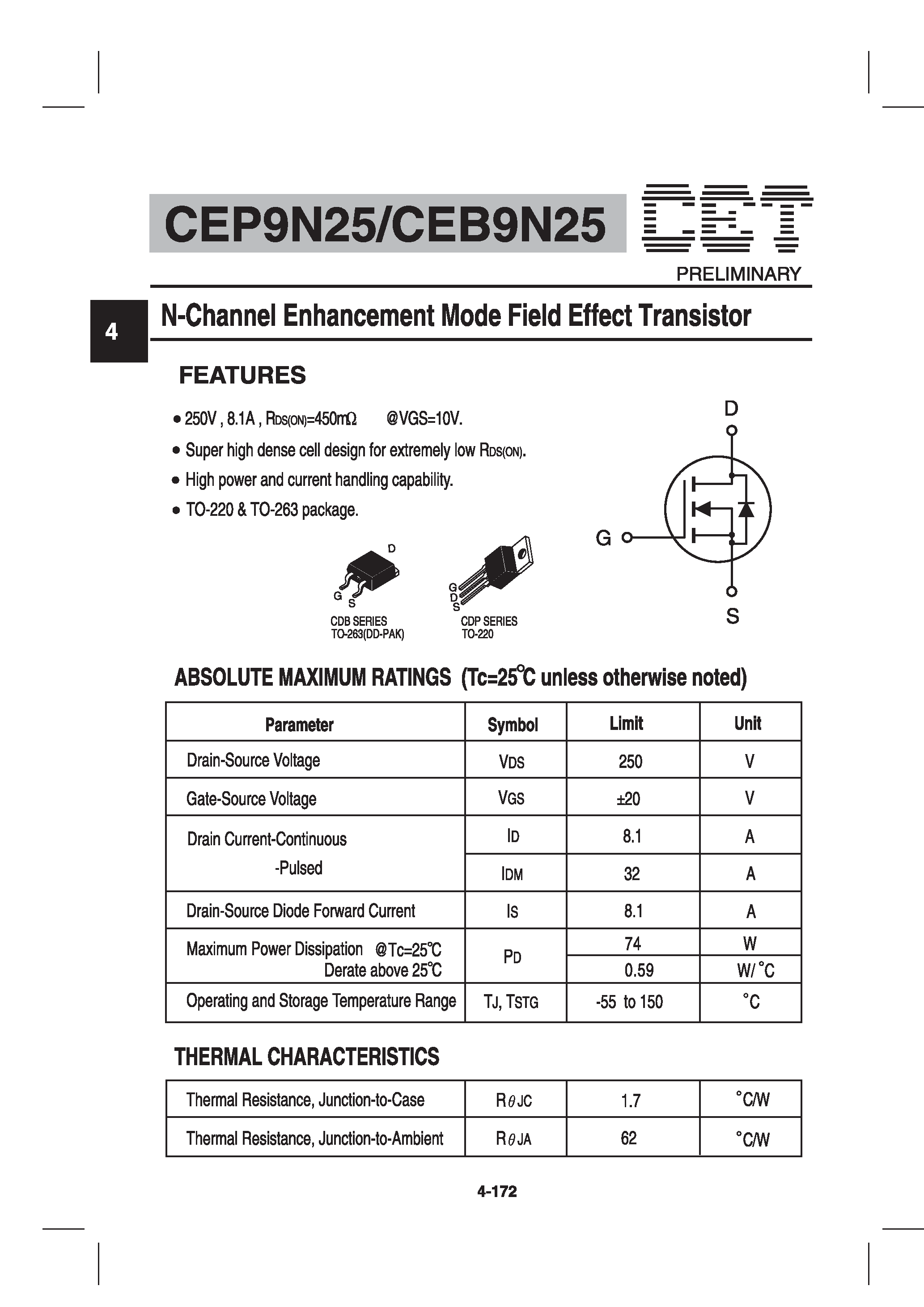 Datasheet CEP9N25 - N-Channel Enhancement Mode Field Effect Transistor page 1