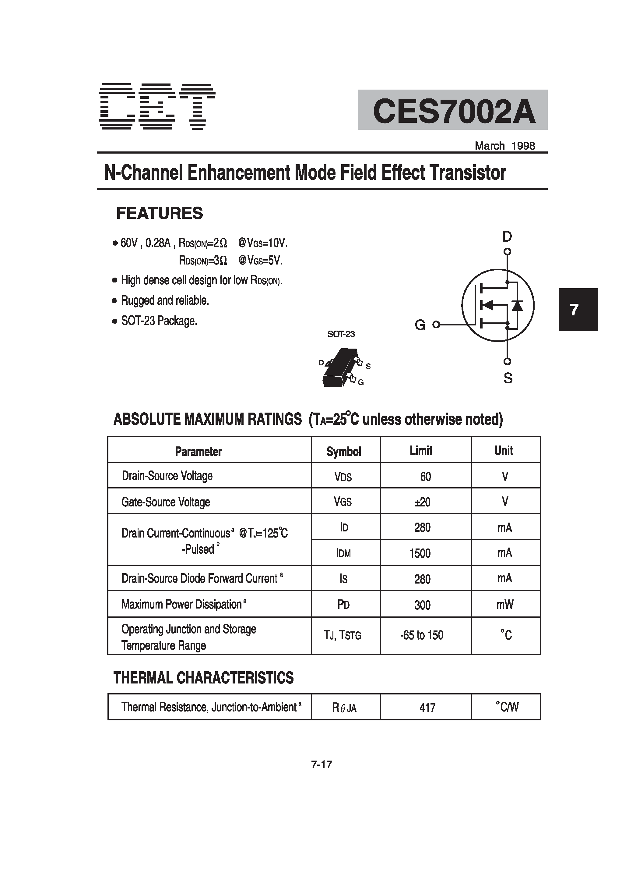 Datasheet CES7002A - N-Channel Enhancement Mode Field Effect Transistor page 1