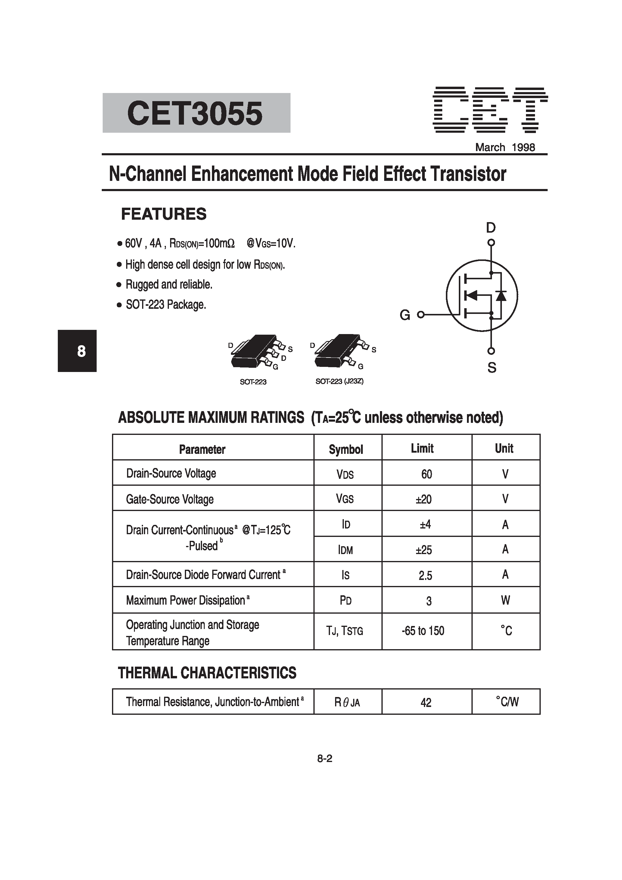 Datasheet CET3055 - N-Channel Enhancement Mode Field Effect Transistor page 1