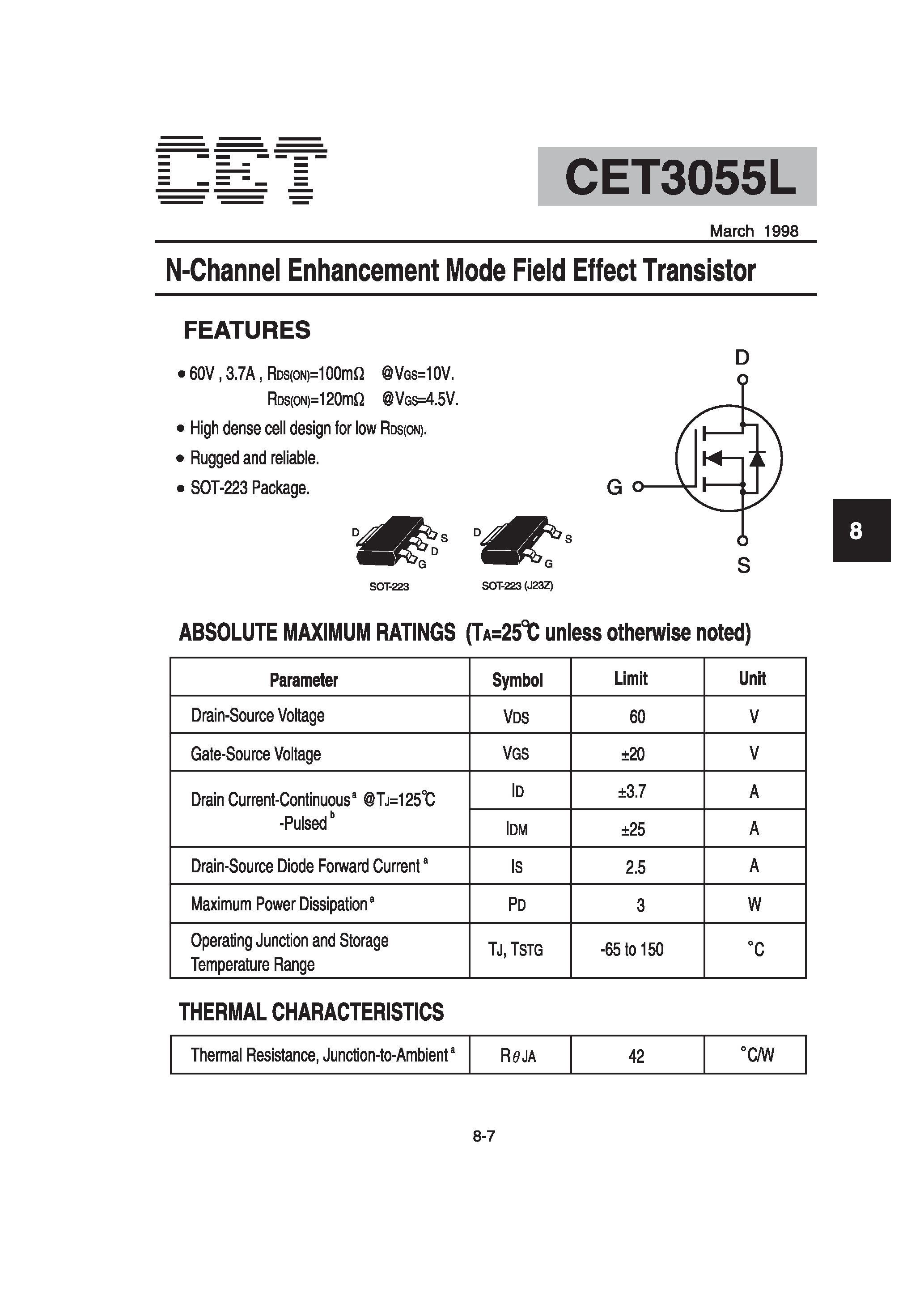 Datasheet CET3055L - N-Channel Enhancement Mode Field Effect Transistor page 1