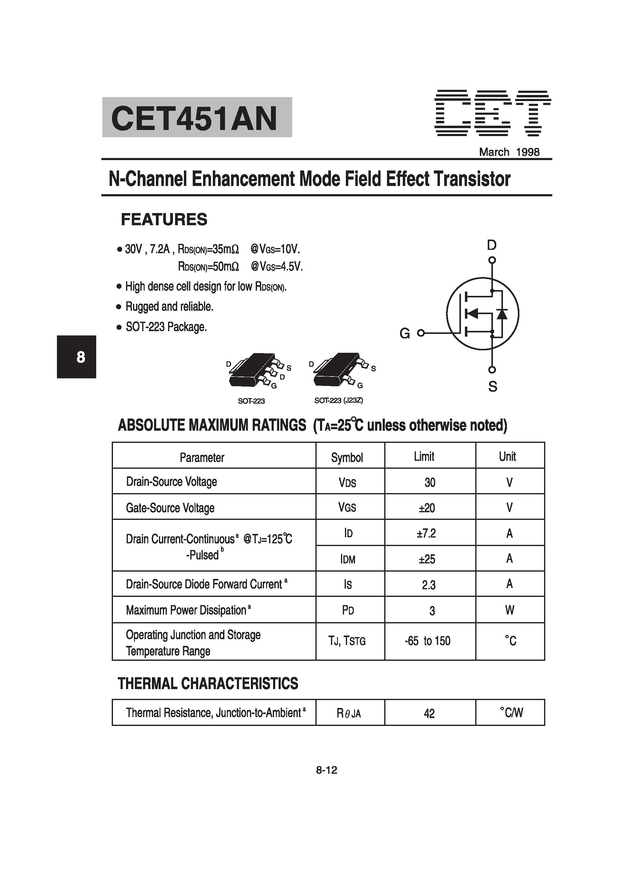 Datasheet CET451AN - N-Channel Enhancement Mode Field Effect Transistor page 1