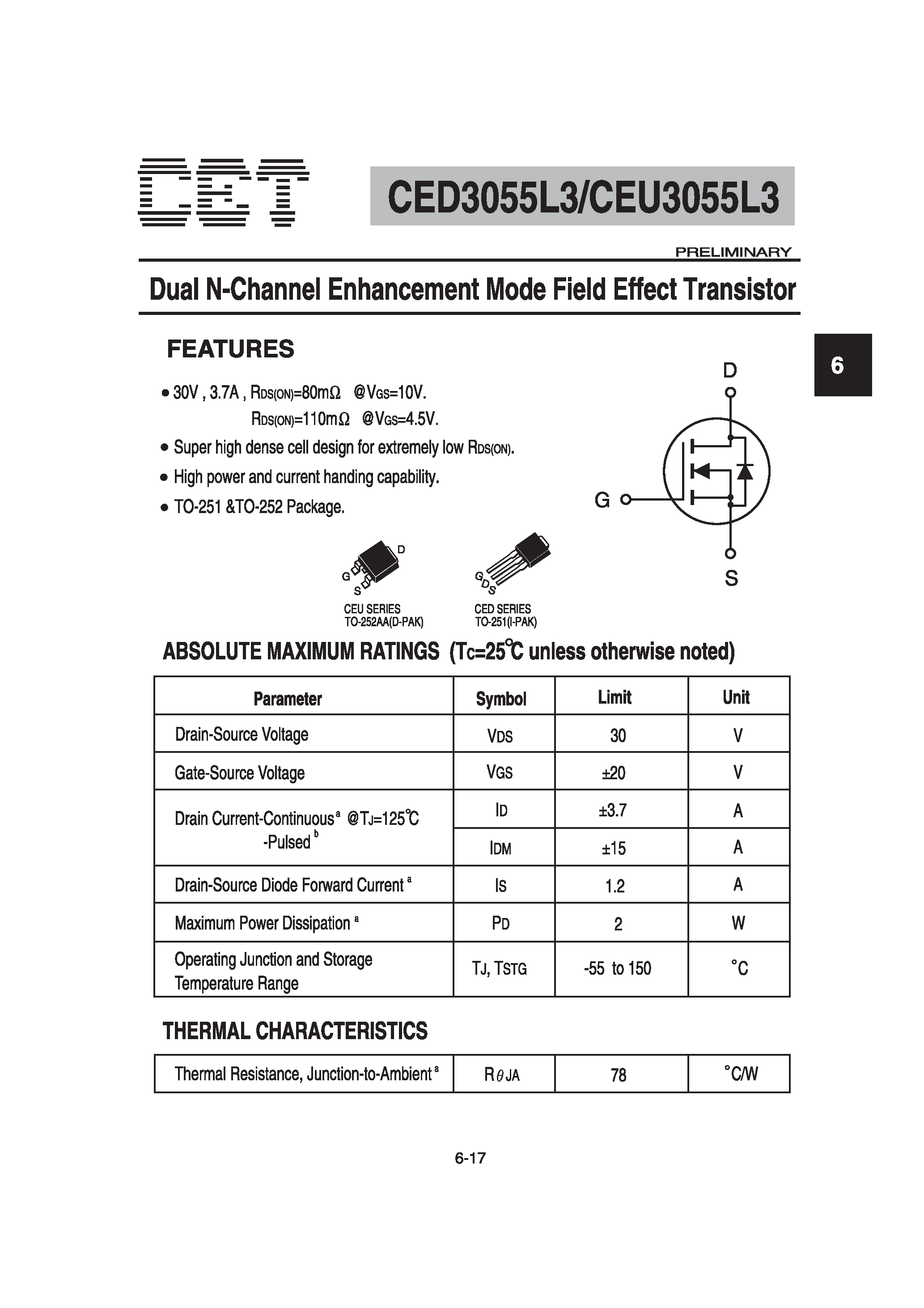 Datasheet CEU3055L3 - Dual N-Channel Enhancement Mode Field Effect Transistor page 1