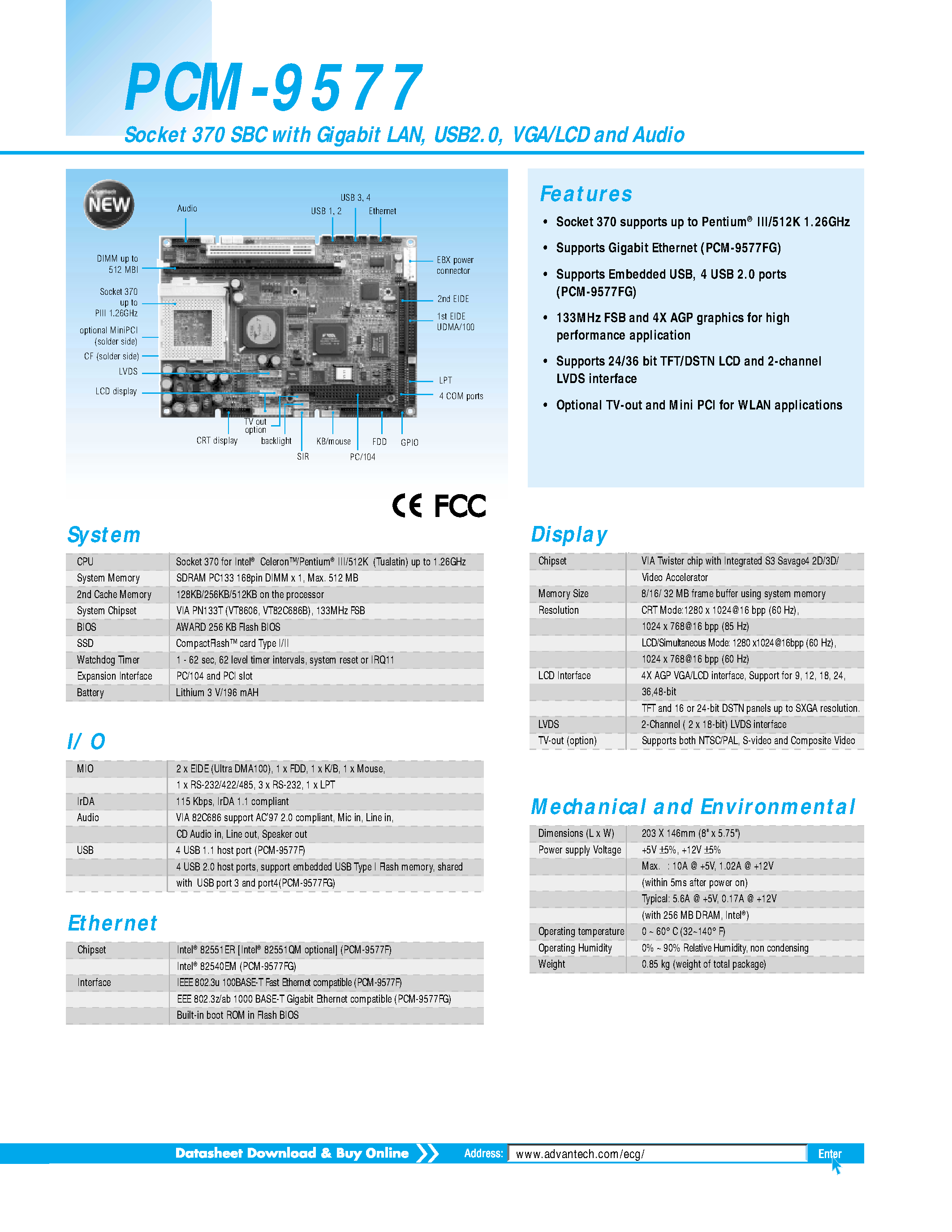 Даташит CF-HDD-ADP - Socket 370 SBC with Gigabit LAN/ USB2.0/ VGA/LCD and Audio страница 1