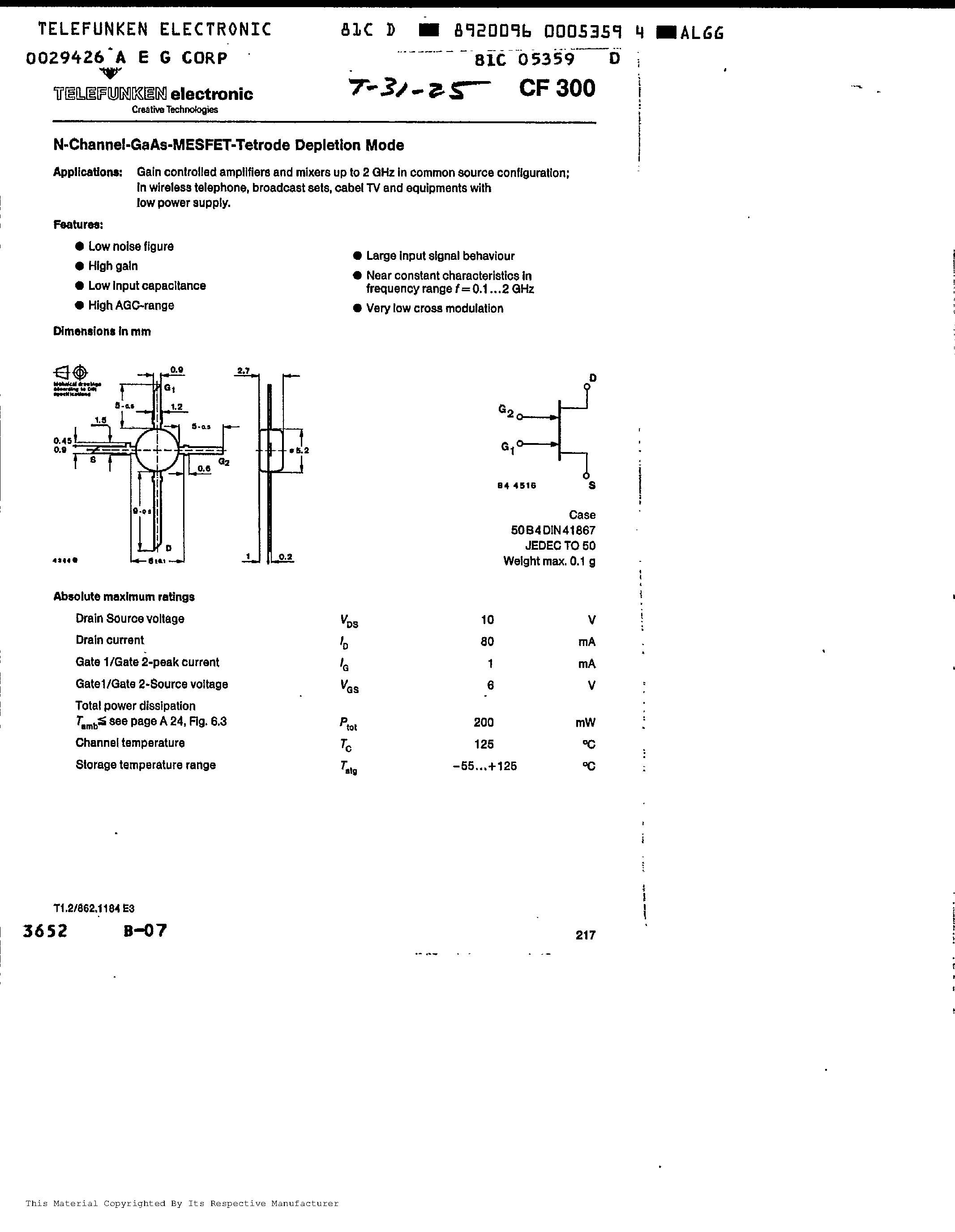 Datasheet CF300 - N- Channel-GaAs-MESFET-Tetrode Depletion Mode page 1