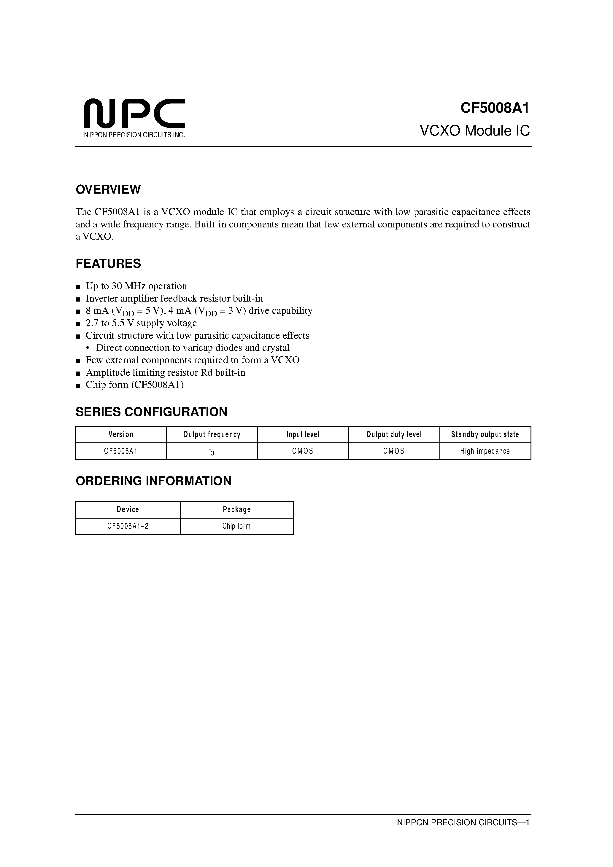 Datasheet CF5008A1-2 - VCXO Module IC page 1
