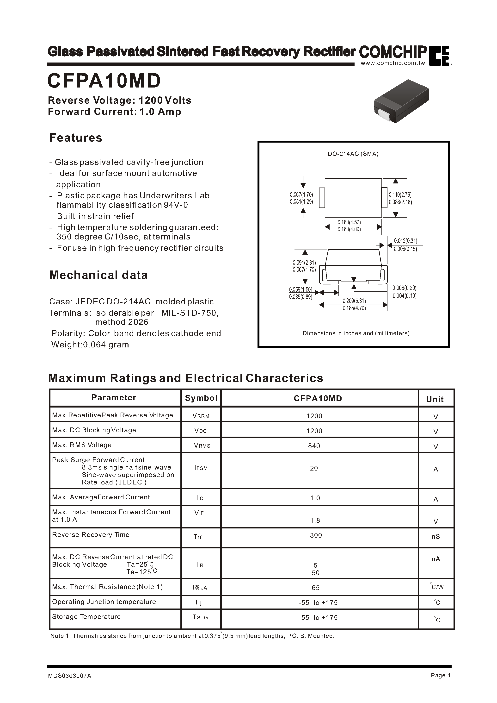 Datasheet CFPA10MD page 1 Datasheet CFPA10MD - Glass Passivated Sintered Fast Recovery Rectifier page 1
