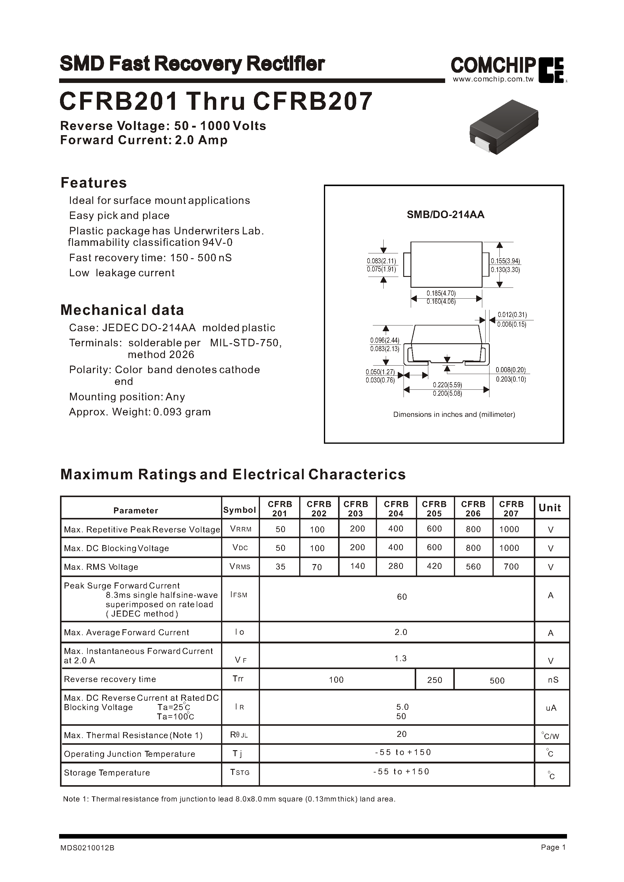 Datasheet CFRB201 page 1 Datasheet CFRB201 - SMD Fast Recovery Rectifier page 1