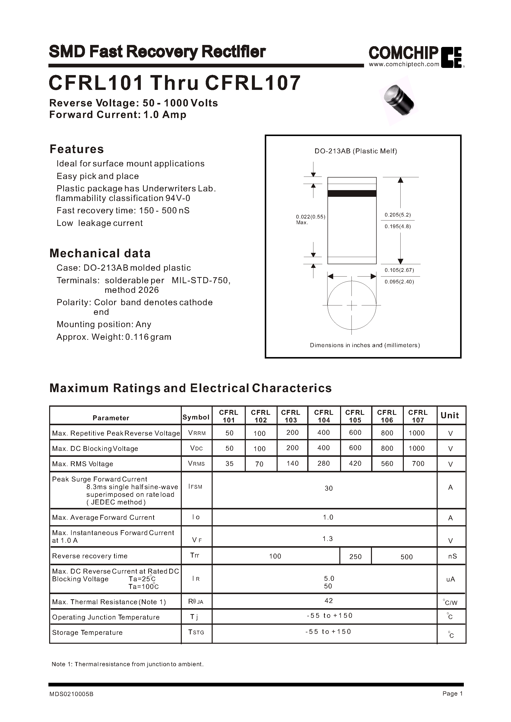 Datasheet CFRL104 - SMD Fast Recovery Rectifier page 1