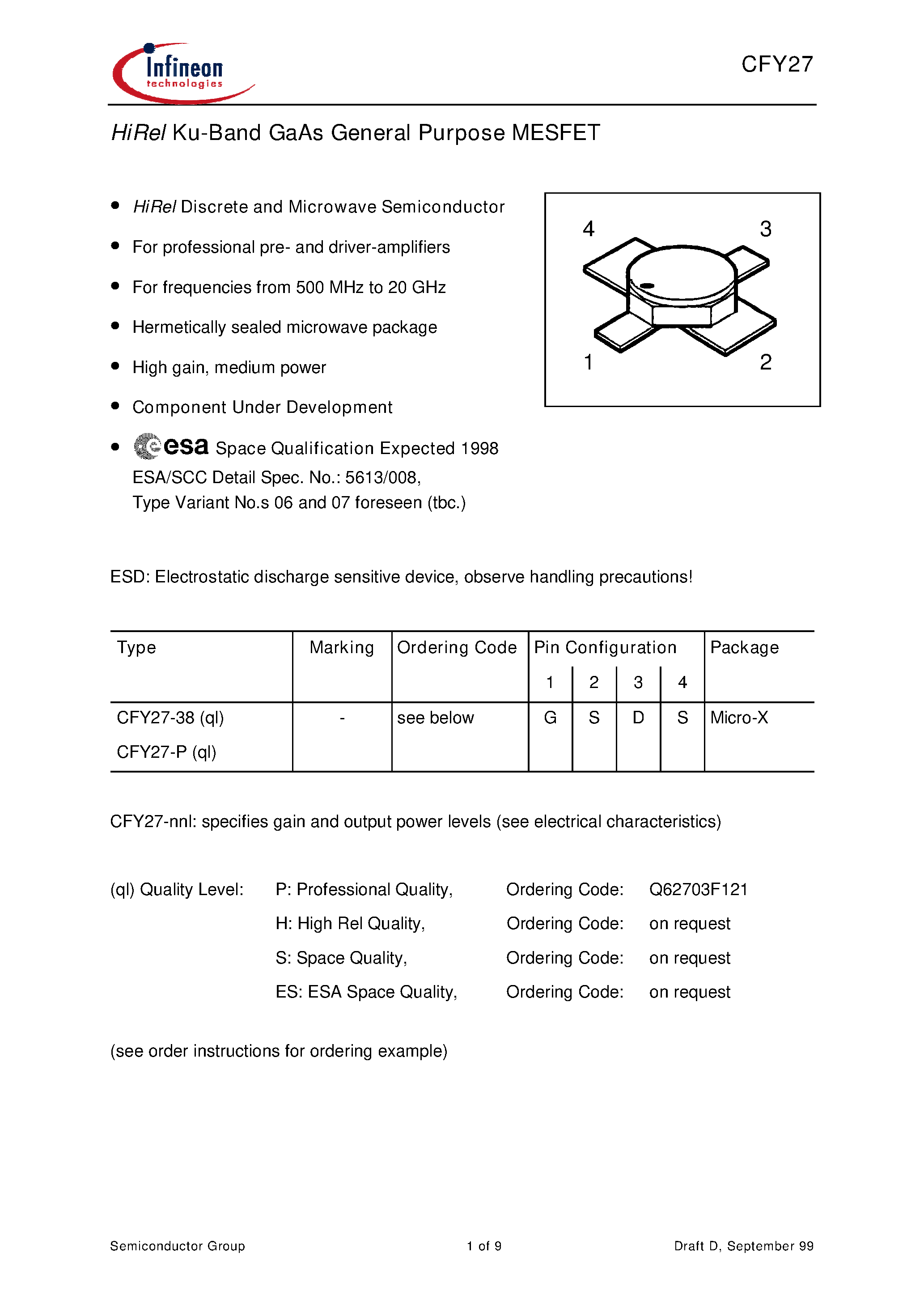 Даташит на микросхему CFY27-P страница 1 Даташит CFY27-P - HiRel Ku-Band GaAs General Purpose MESFET страница 1