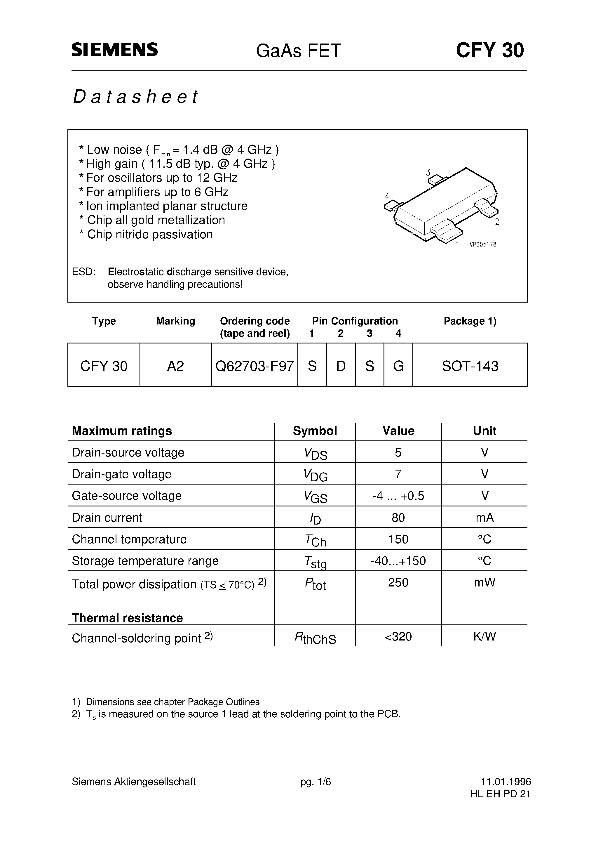 Datasheet CFY30 - GaAs FET (Low noise Fmin = 1.4 dB @ 4 GHz High gain 11.5 dB typ. @ 4 GHz) page 1