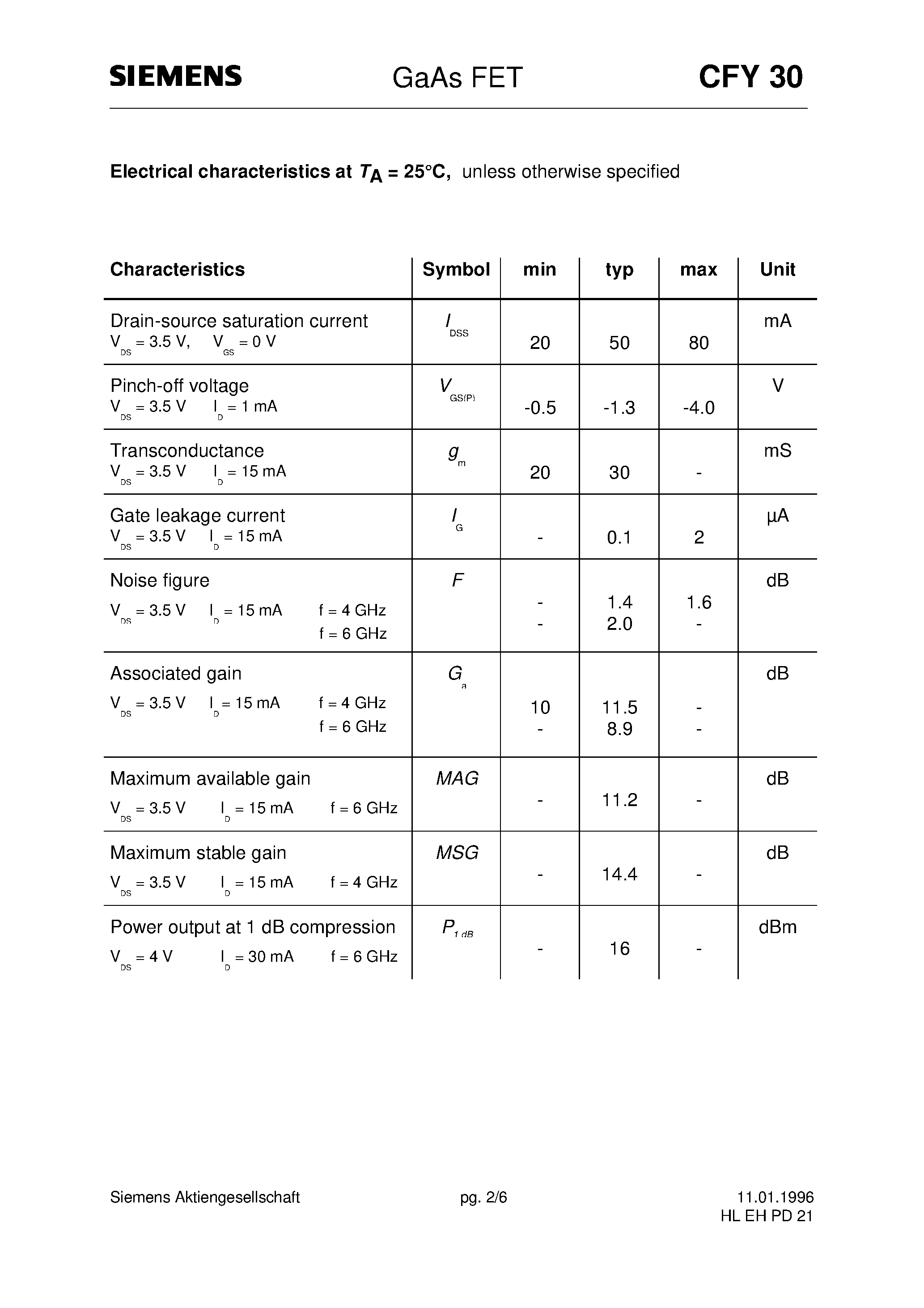 Datasheet CFY30 - GaAs FET (Low noise Fmin = 1.4 dB @ 4 GHz High gain 11.5 dB typ. @ 4 GHz) page 2