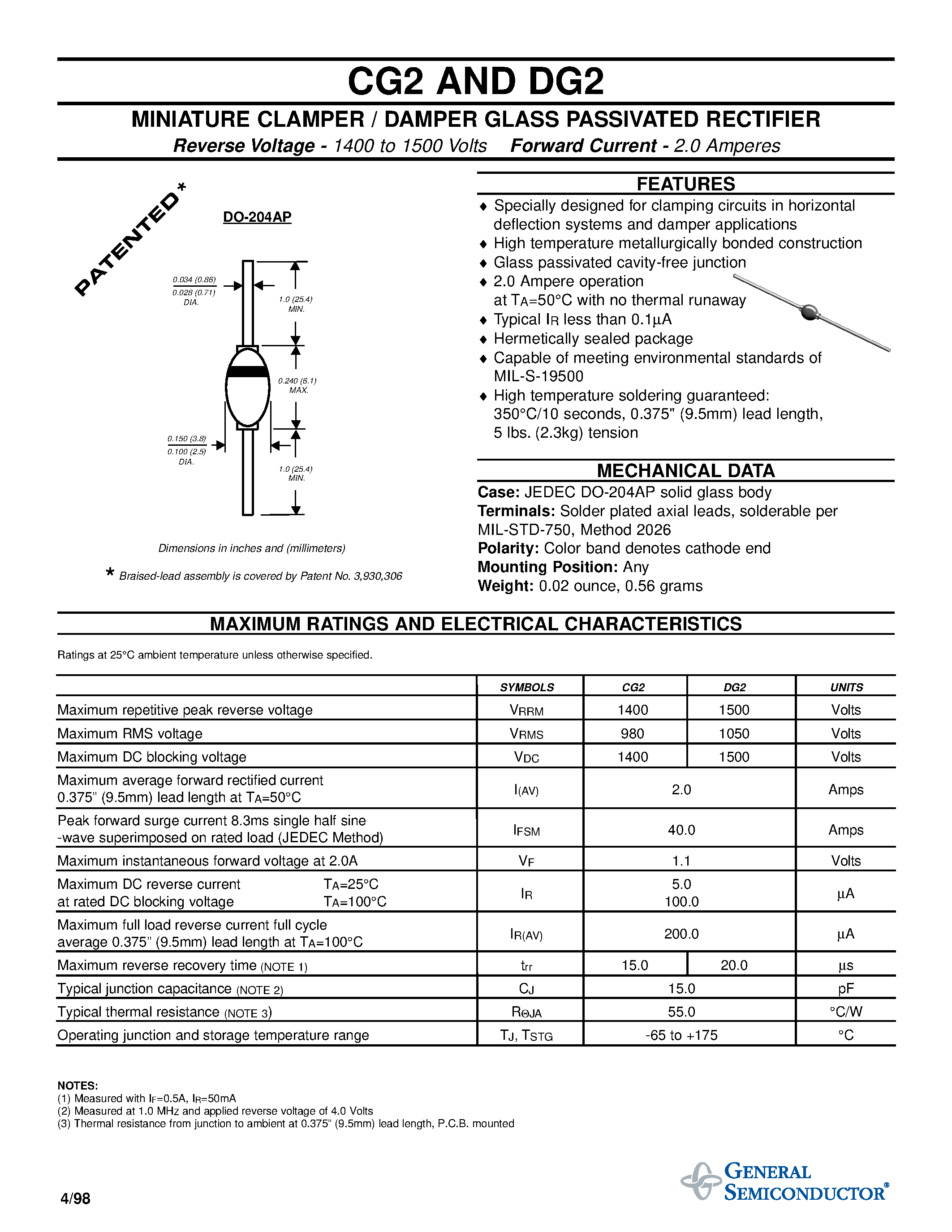 Datasheet CG2 - MINIATURE CLAMPER / DAMPER GLASS PASSIVATED RECTIFIER page 1