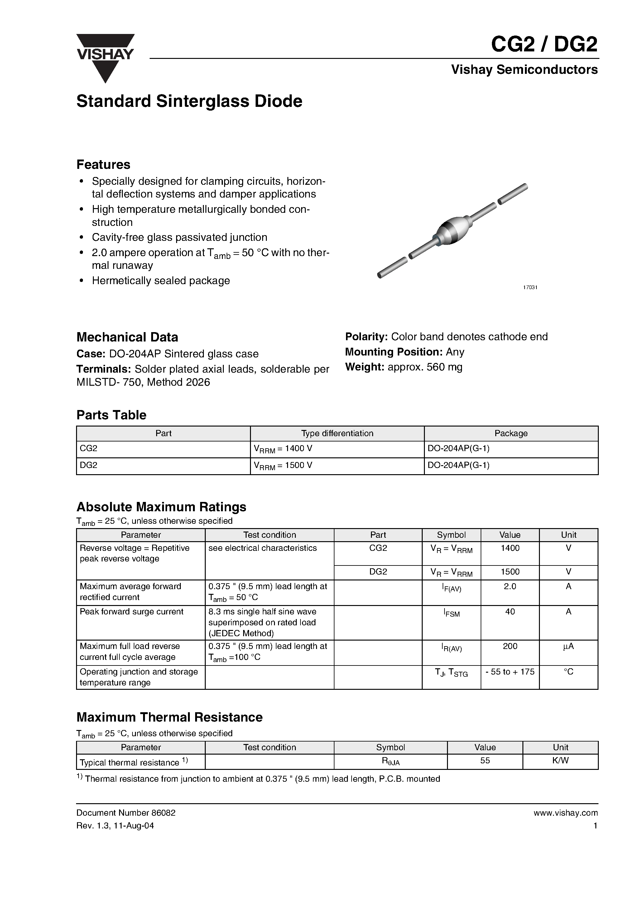 Даташит CG2 - Standard Sinterglass Diode страница 1