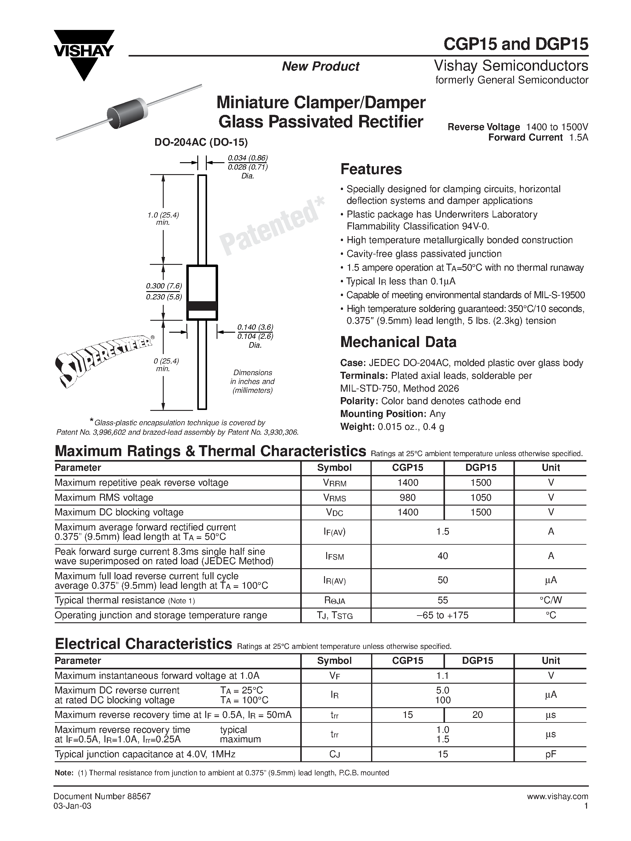 Datasheet CGP15 - Miniature Clamper/Damper Glass Passivated Rectifier page 1