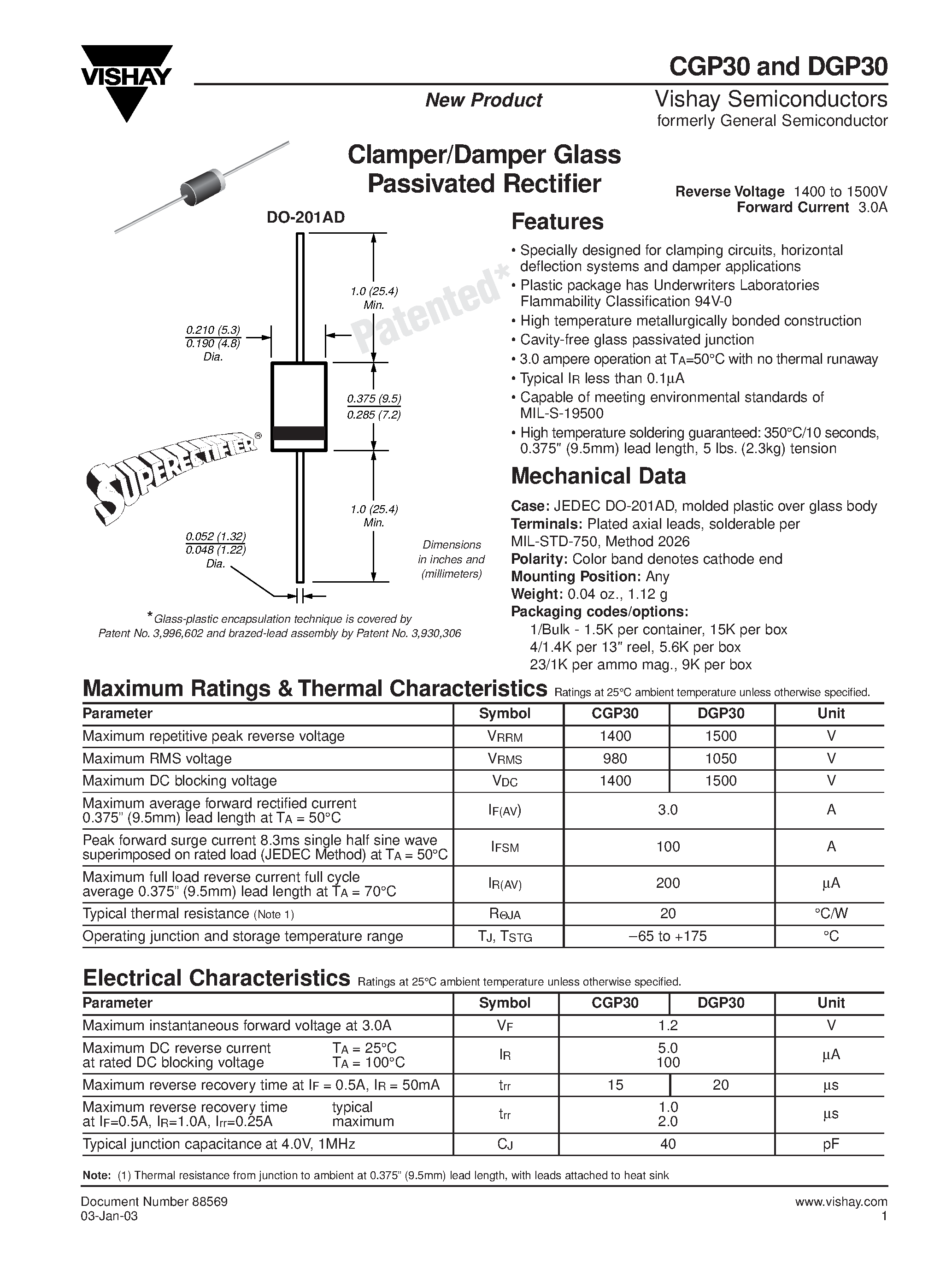 Datasheet CGP30 - Clamper/Damper Glass Passivated Rectifier page 1