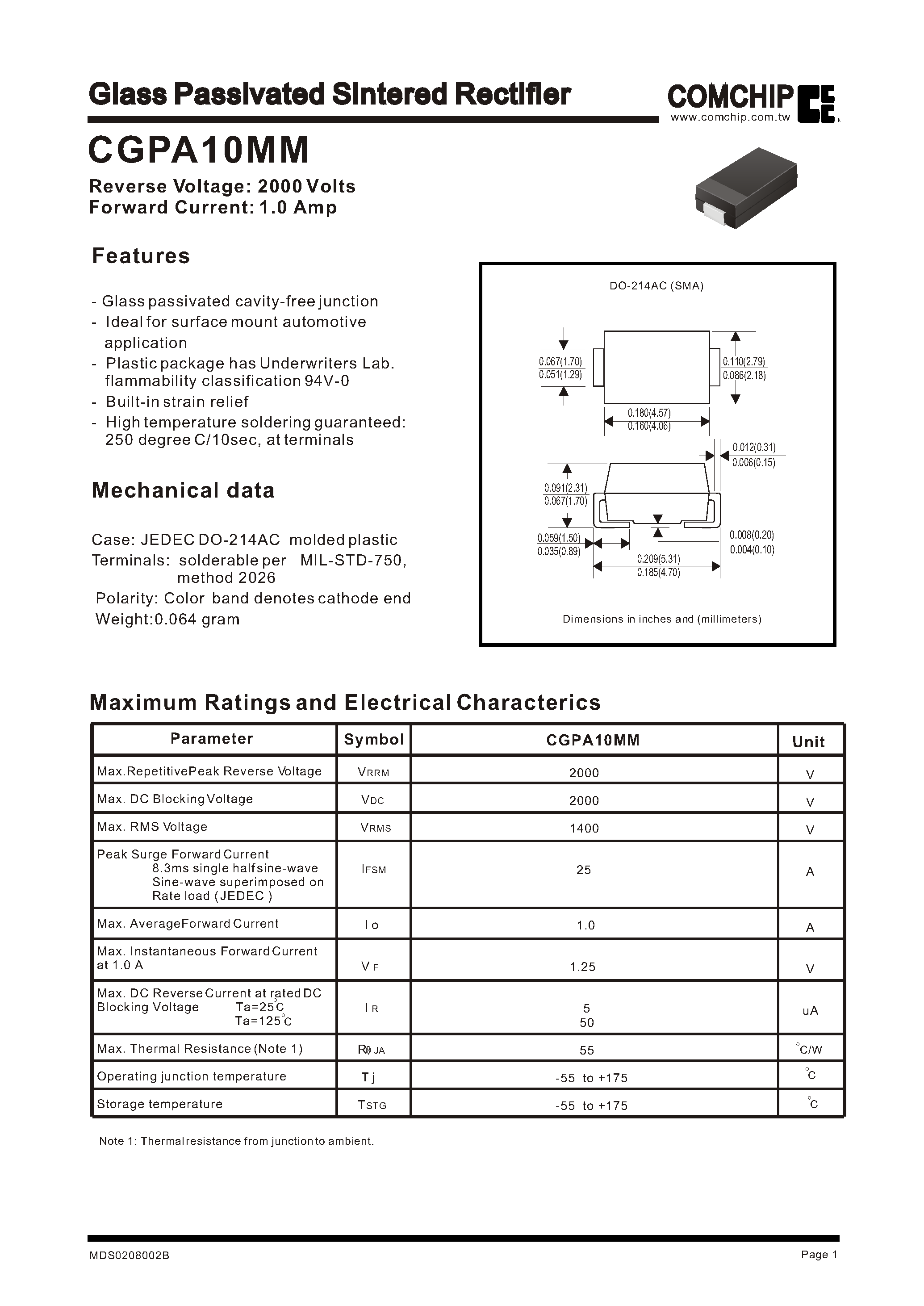 Datasheet CGPA10MM page 1 Datasheet CGPA10MM - Glass Passivated Sintered Rectifier page 1