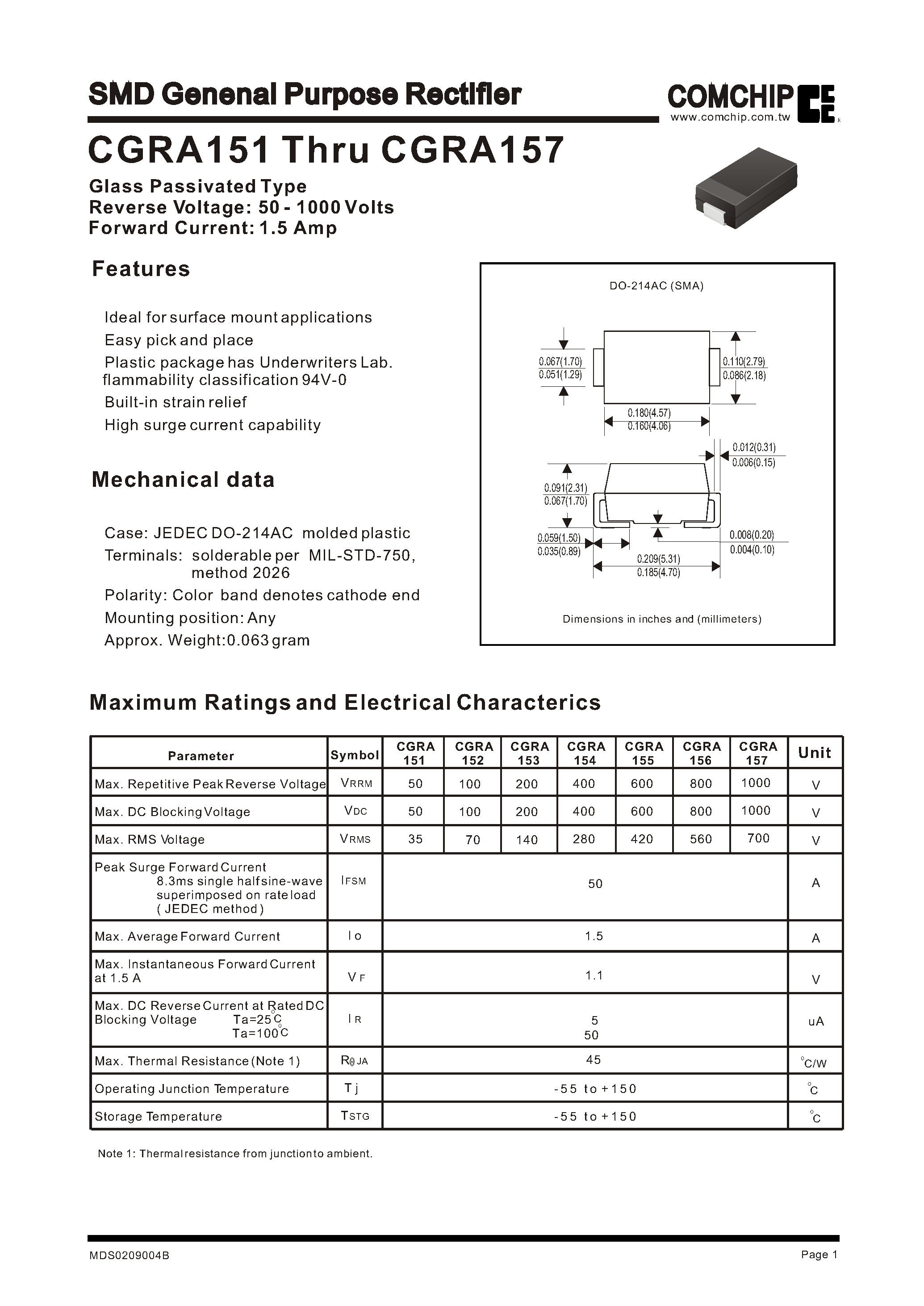Datasheet CGRA157 page 1 Datasheet CGRA157 - SMD Genenal Purpose Rectifier page 1