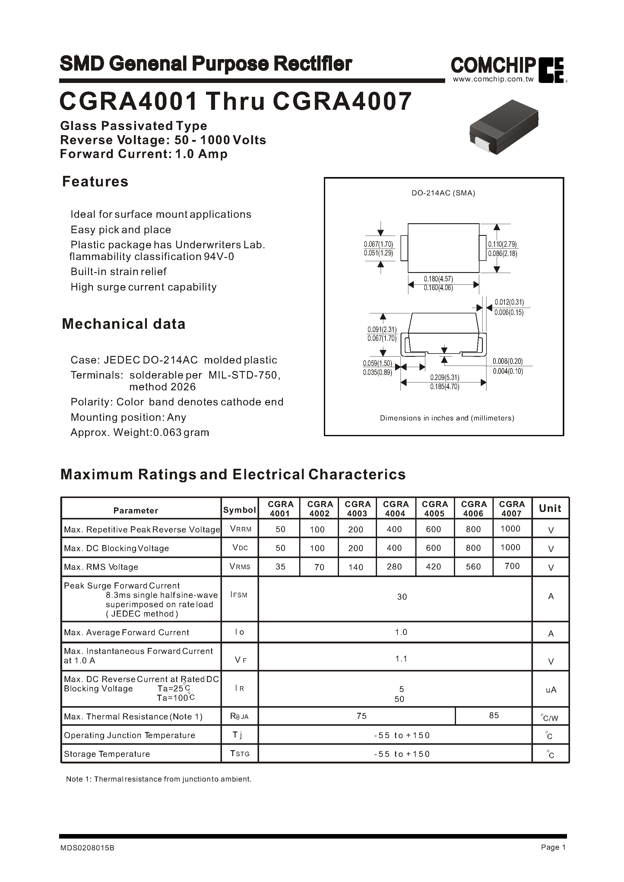 Datasheet CGRA4004 page 1 Datasheet CGRA4004 - SMD Genenal Purpose Rectifier page 1