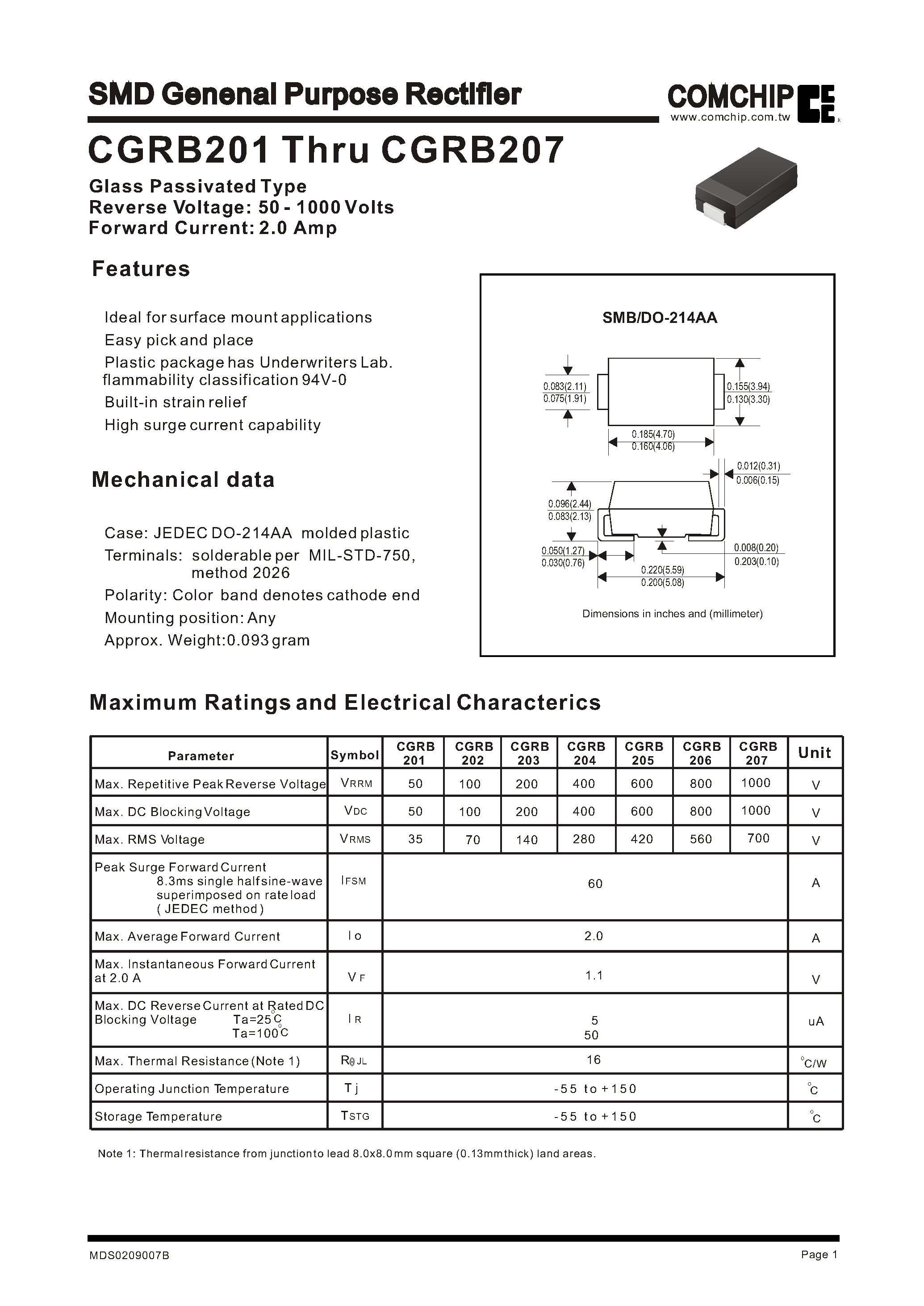 Datasheet CGRB206 page 1 Datasheet CGRB206 - SMD Genenal Purpose Rectifier page 1