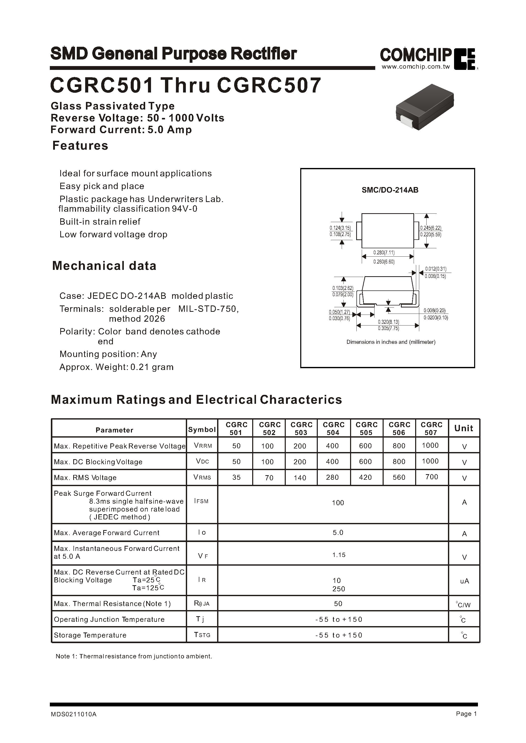 Datasheet CGRC501 page 1 Datasheet CGRC501 - SMD Genenal Purpose Rectifier page 1
