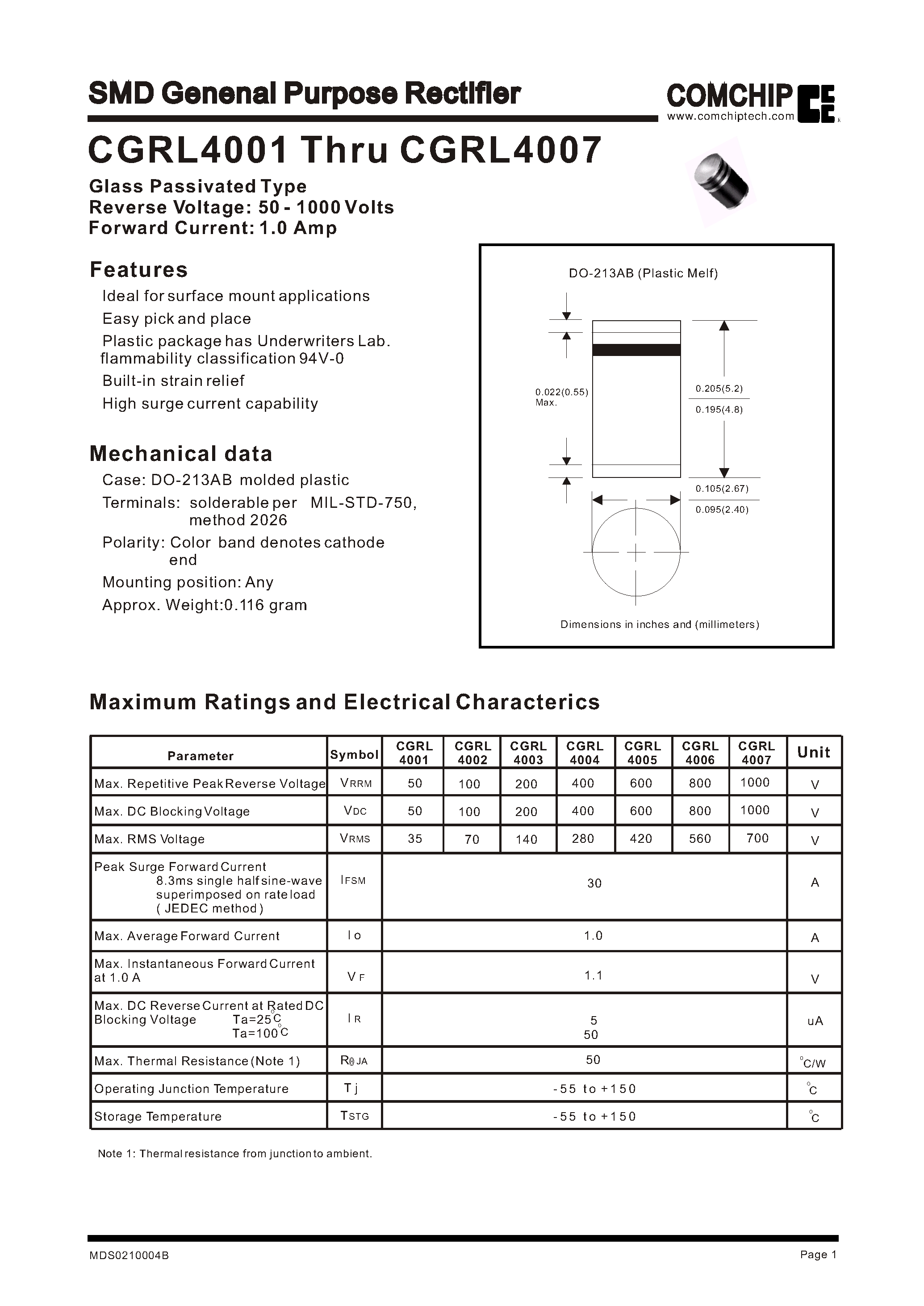 Даташит на микросхему CGRL4001 страница 1 Даташит CGRL4001 - SMD Genenal Purpose Rectifier страница 1