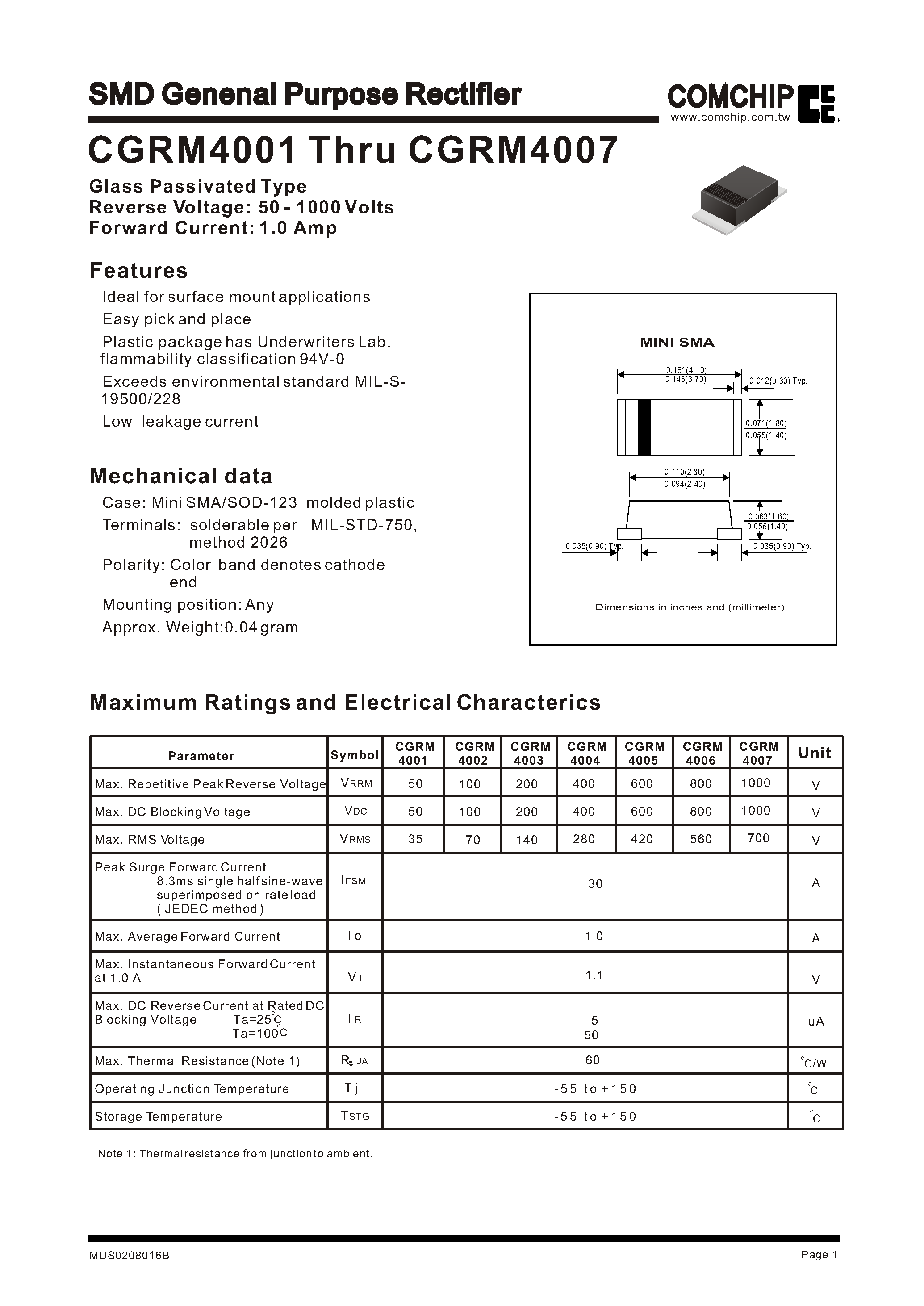Datasheet CGRM4004 page 1 Datasheet CGRM4004 - SMD Genenal Purpose Rectifier page 1