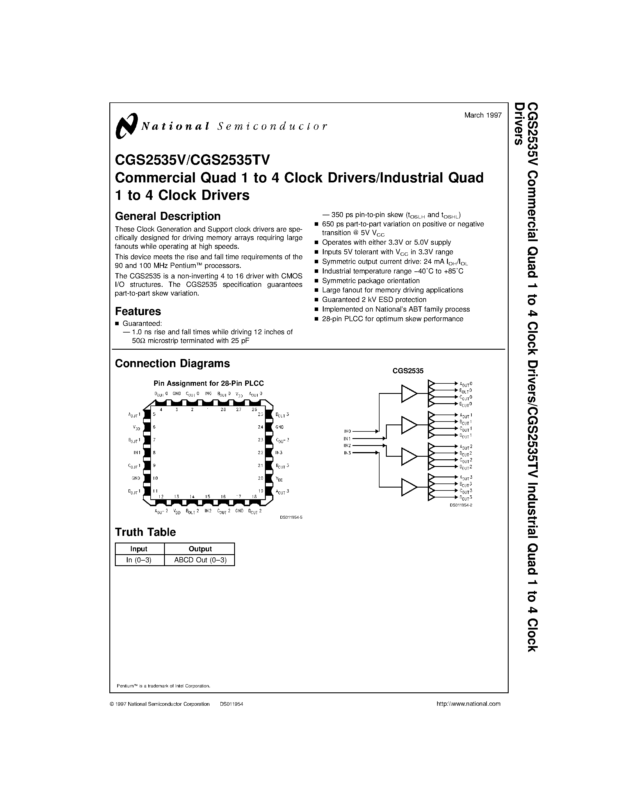 Datasheet CGS2535TV - Commercial Quad 1 to 4 Clock Drivers/Industrial Quad 1 to 4 Clock Drivers page 1