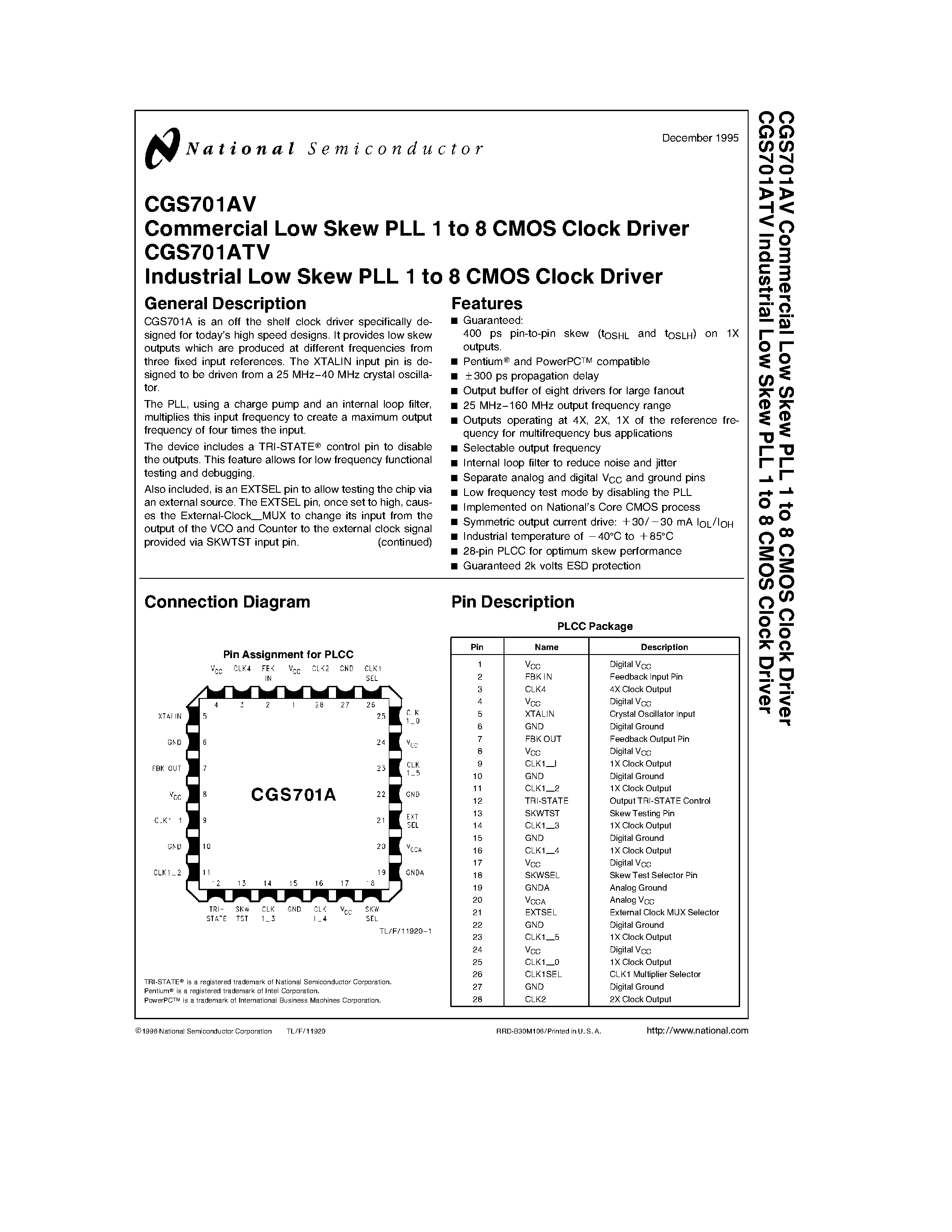 Даташит CGS701ATV - Commercial/ Industrial Low Skew PLL 1 to 8 CMOS Clock Driver страница 1