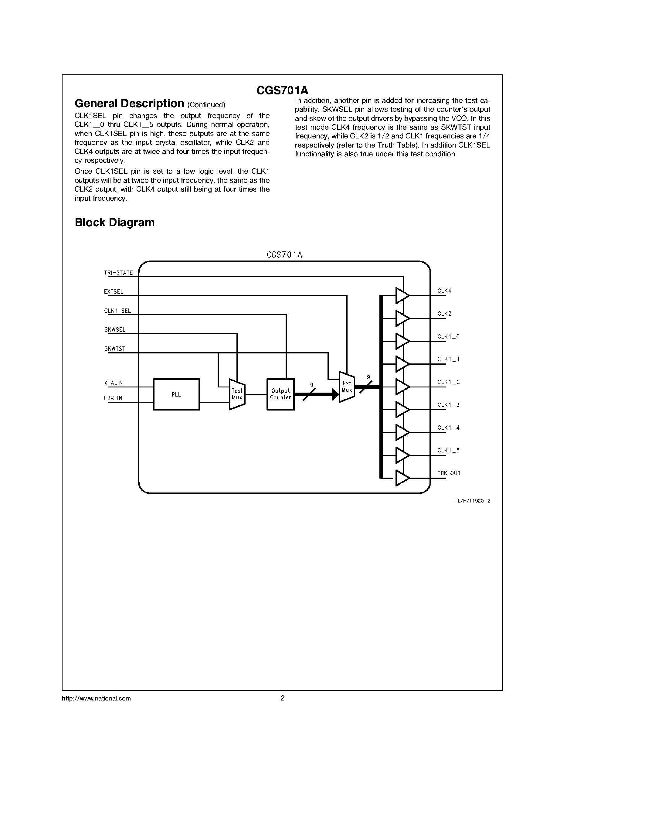 Даташит CGS701ATV - Commercial/ Industrial Low Skew PLL 1 to 8 CMOS Clock Driver страница 2