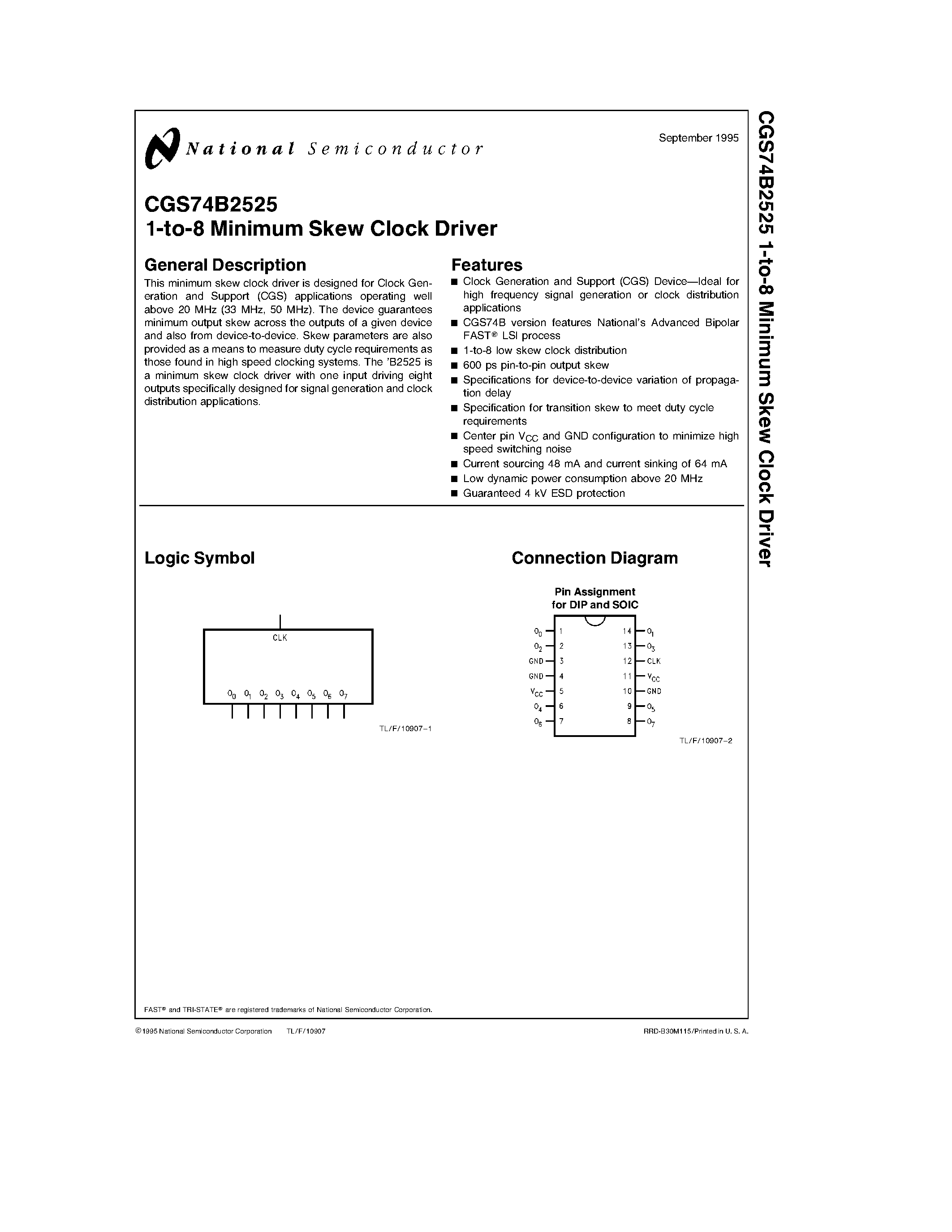 Даташит на микросхему CGS74B2525 страница 1 Даташит CGS74B2525 - 1-to-8 Minimum Skew Clock Driver страница 1