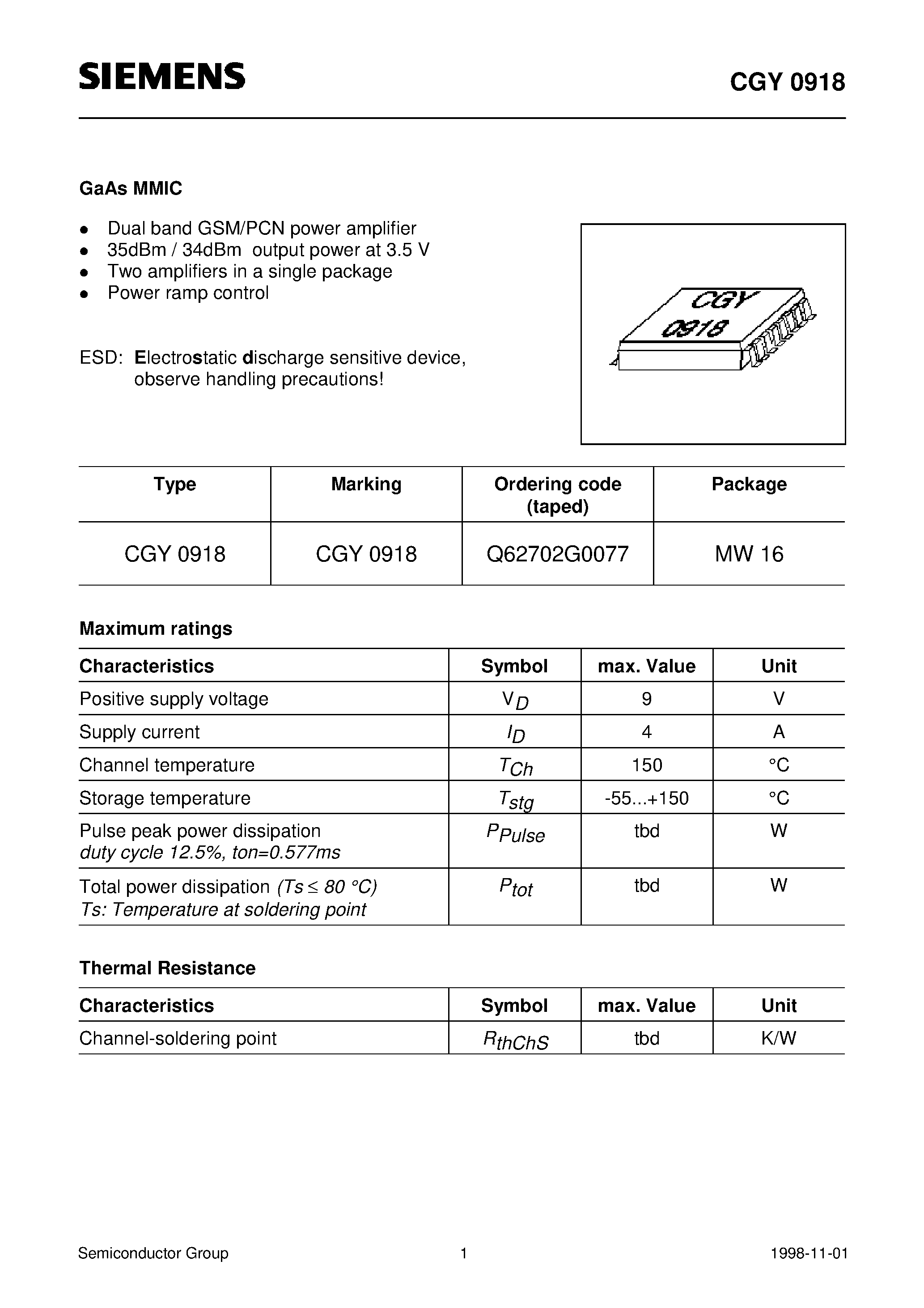 Datasheet CGY0918 - GaAs MMIC (Dual band GSM/PCN power amplifier 35dBm / 34dBm output power at 3.5 V Two amplifiers in a single package) page 1