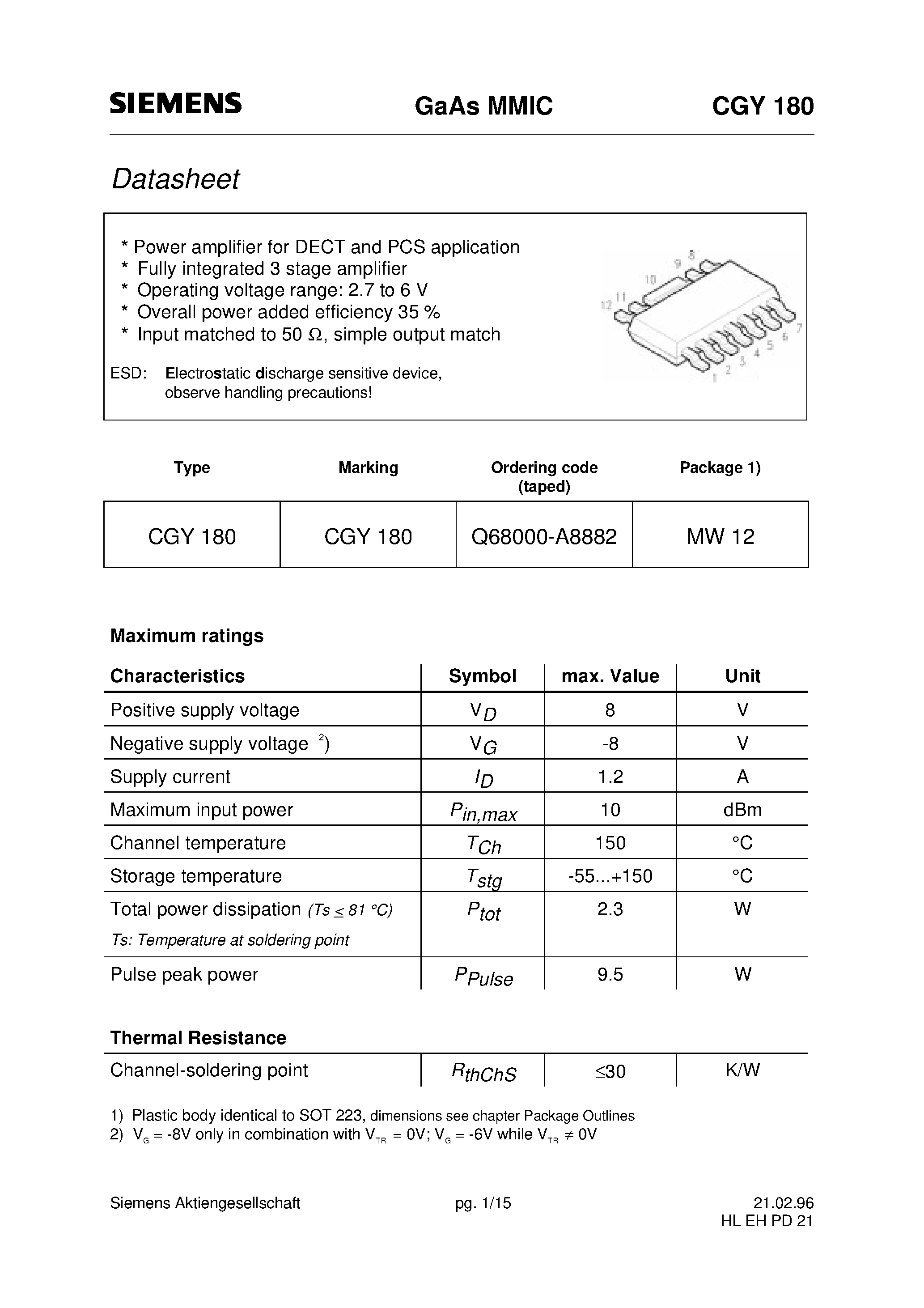 Datasheet CGY180 - GaAs MMIC (Power amplifier for DECT and PCS application Fully integrated 3 stage amplifier Operating voltage range: 2.7 to 6 V) page 1