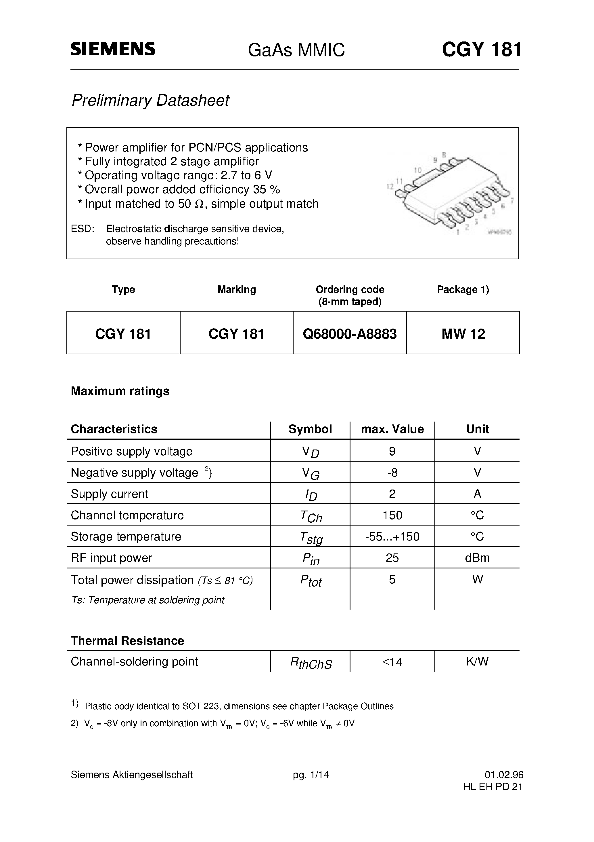 Datasheet CGY181 - GaAs MMIC (Power amplifier for PCN/PCS applications Fully integrated 2 stage amplifier) page 1