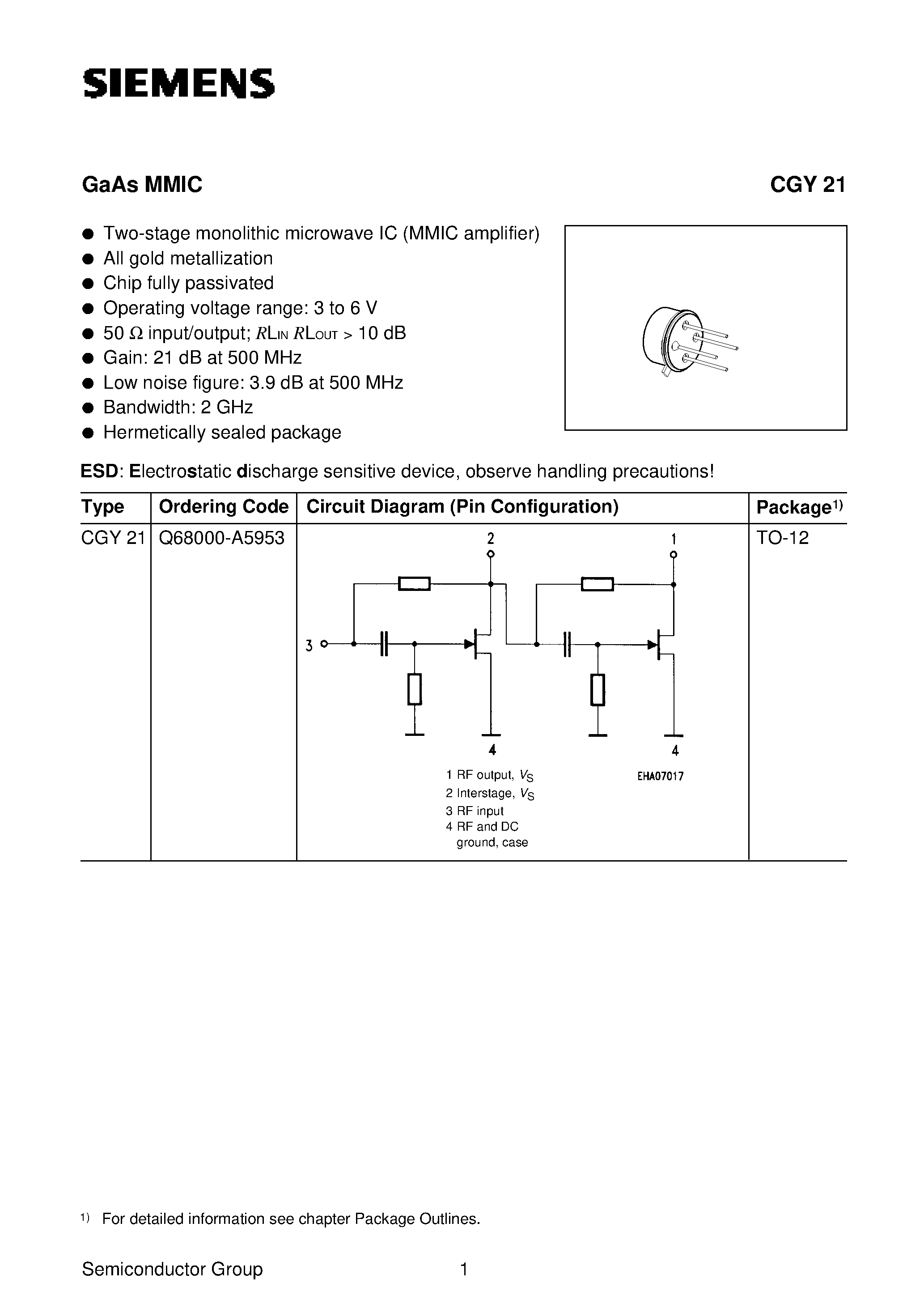 Datasheet CGY21 - GaAs MMIC (Two-stage monolithic microwave IC MMIC amplifier) page 1