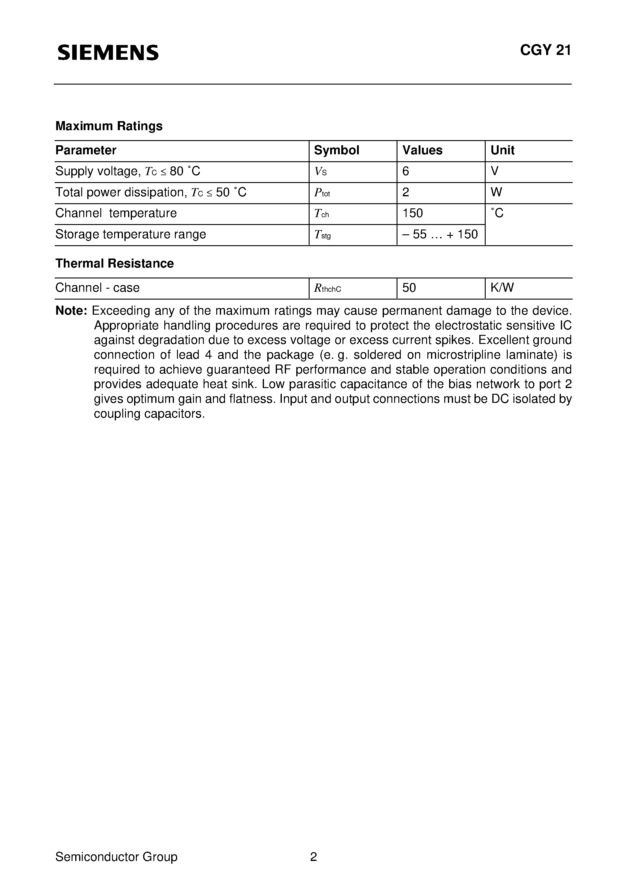 Datasheet CGY21 - GaAs MMIC (Two-stage monolithic microwave IC MMIC amplifier) page 2