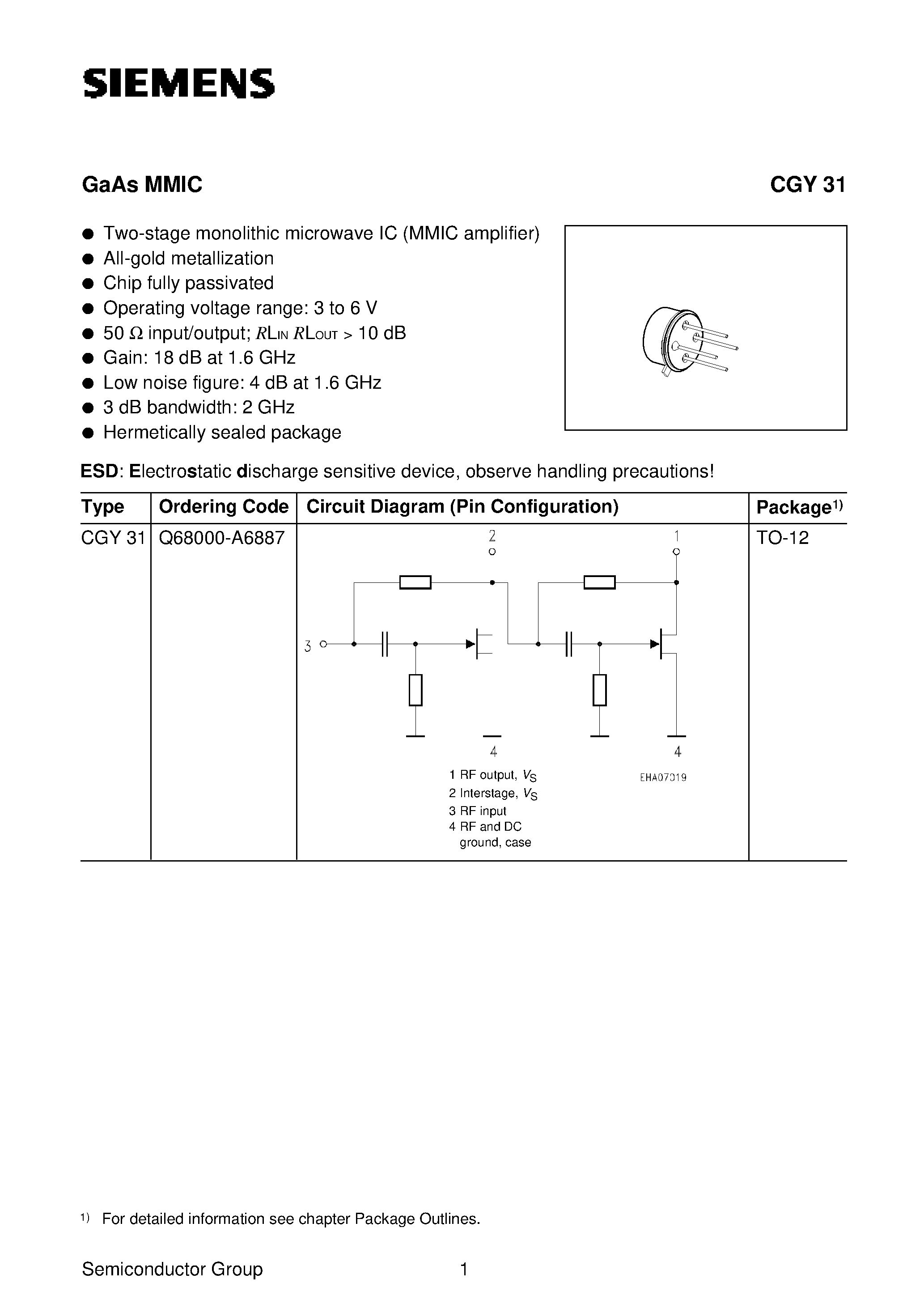 Datasheet CGY31 - GaAs MMIC (Two-stage monolithic microwave IC MMIC amplifier All-gold metallization Chip fully passivated) page 1