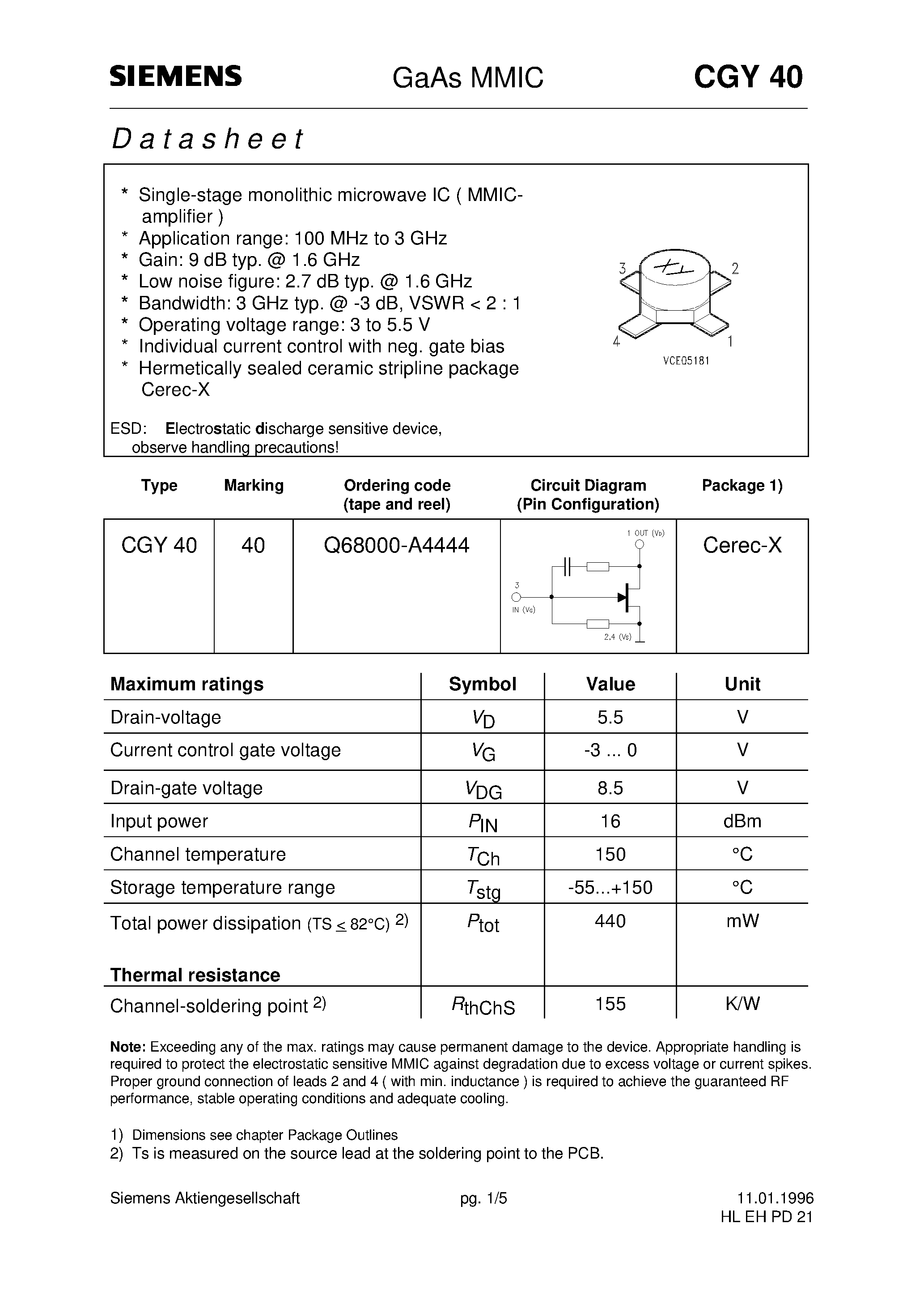 Datasheet CGY40 - GaAs MMIC (Single-stage monolithic microwave IC MMICamplifier Application range: 100 MHz to 3 GHz) page 1