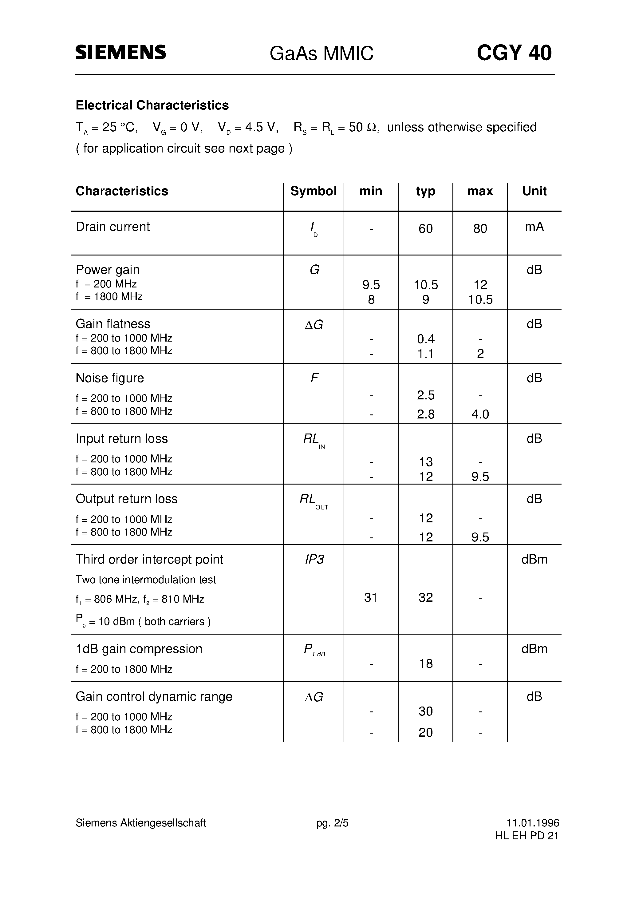 Datasheet CGY40 - GaAs MMIC (Single-stage monolithic microwave IC MMICamplifier Application range: 100 MHz to 3 GHz) page 2