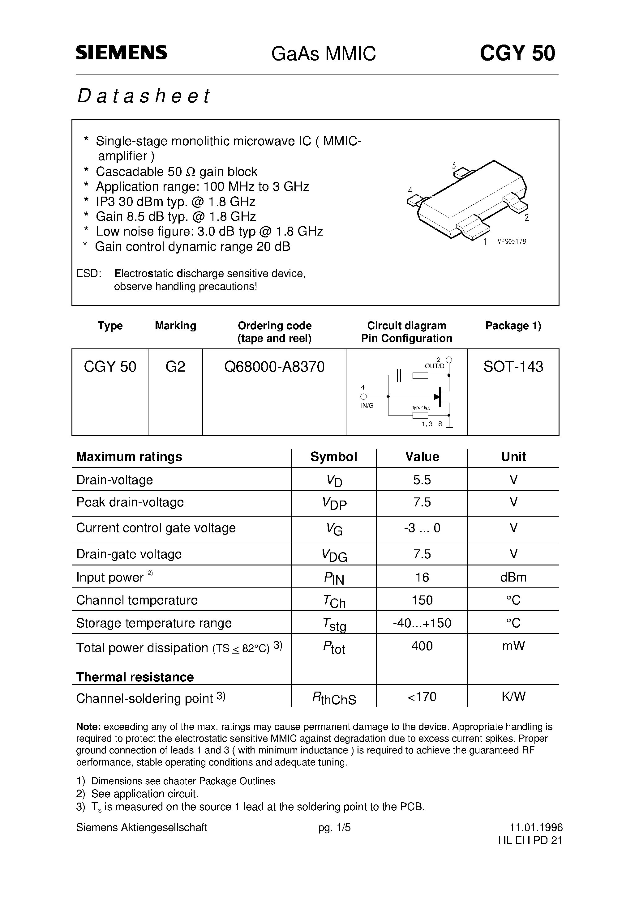 Datasheet CGY50 - GaAs MMIC (Single-stage monolithic microwave IC MMICamplifier Cascadable 50 gain block) page 1